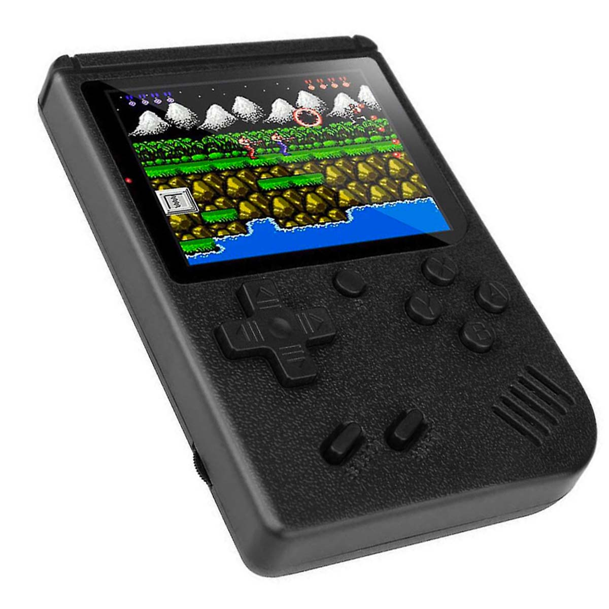 Consola de juegos portátil negra. La pantalla muestra una escena de videojuego retro con personajes, montañas y agua.