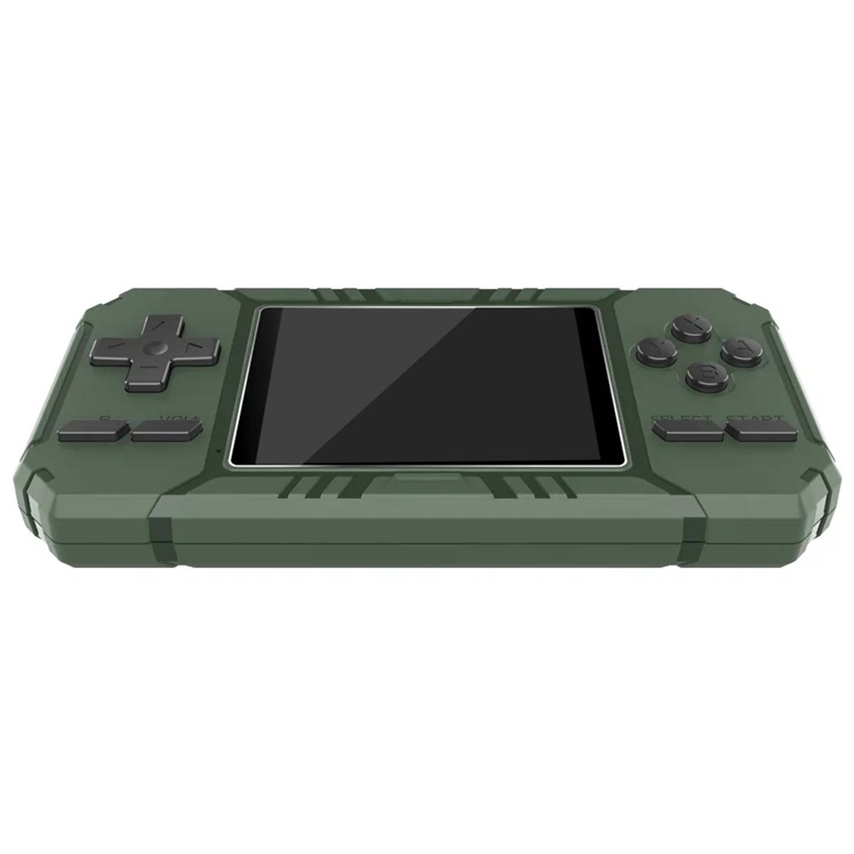 Consola de juegos portátil verde con botones y pantalla. La pantalla es negra. Los botones están en los lados e inferior.
