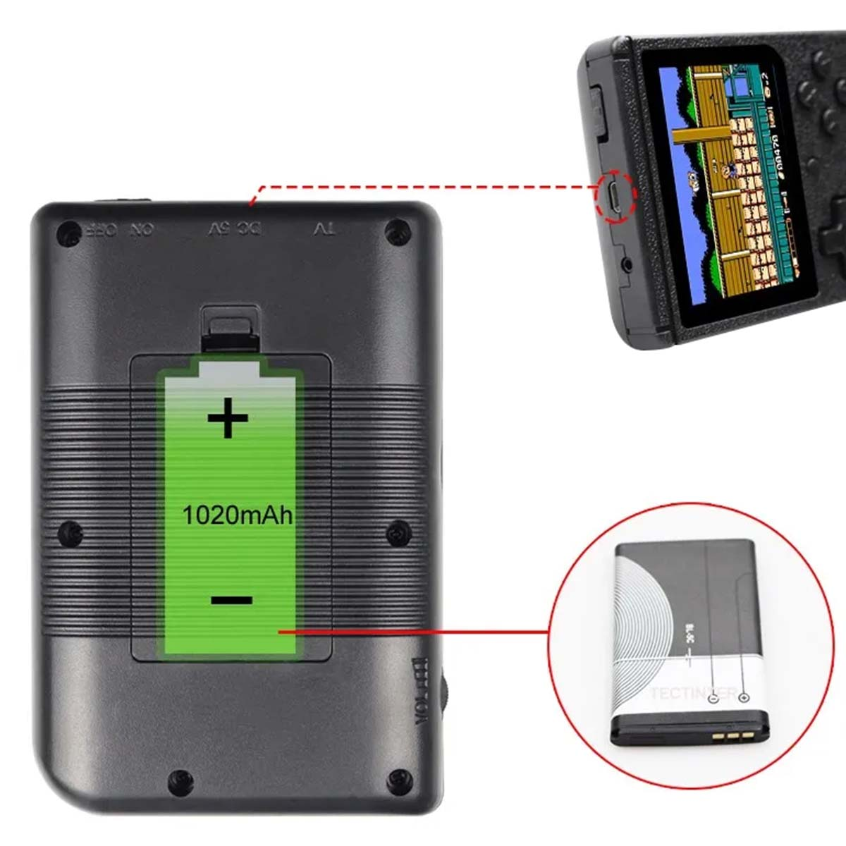 Una consola portátil desmontada muestra la batería y la pantalla. El compartimento de la batería tiene una etiqueta de 1020 mAh y se muestra una batería separada.