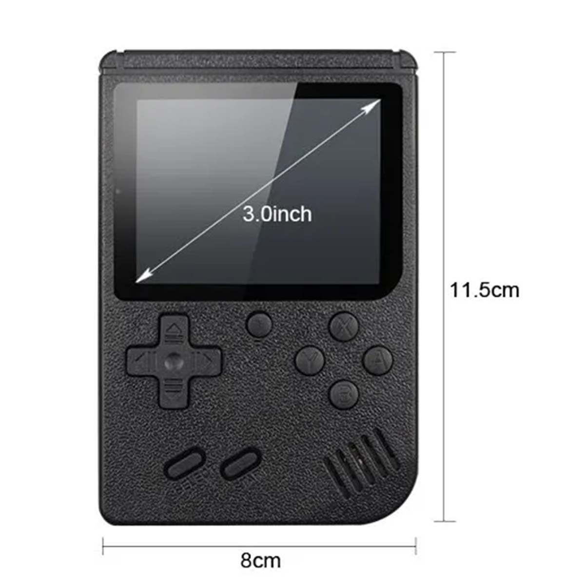 Consola de juegos portátil negra con pantalla de 3,0 pulgadas y botones. Mide 8 cm de ancho y 11,5 cm de alto.