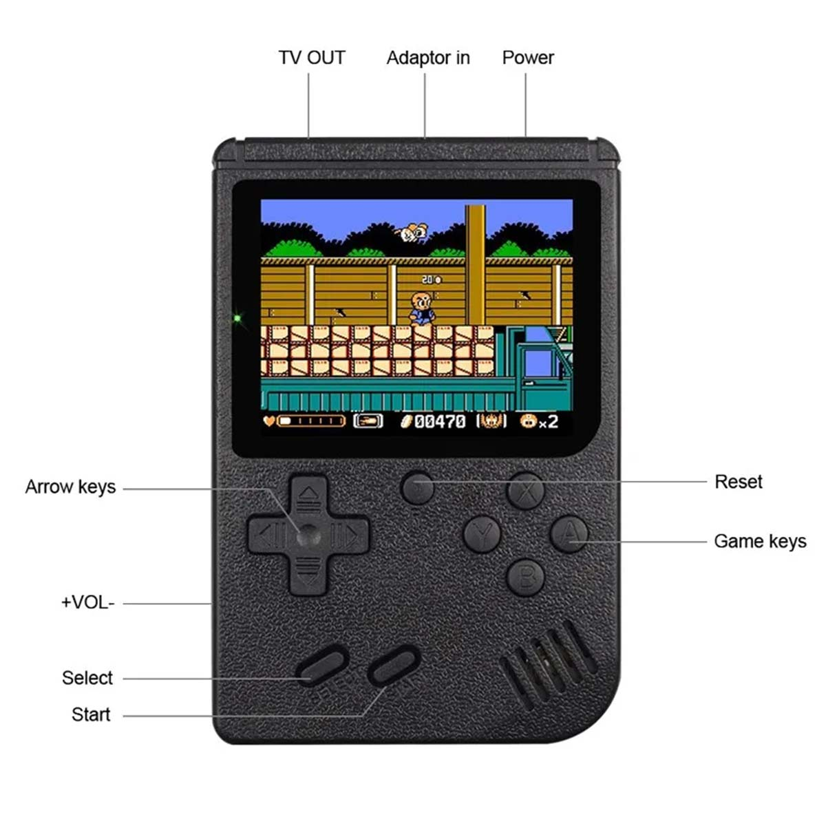 Consola de juegos portátil negra. La pantalla muestra un juego retro. Los botones incluyen flechas, teclas de juego, volumen, selección, inicio y reinicio.
