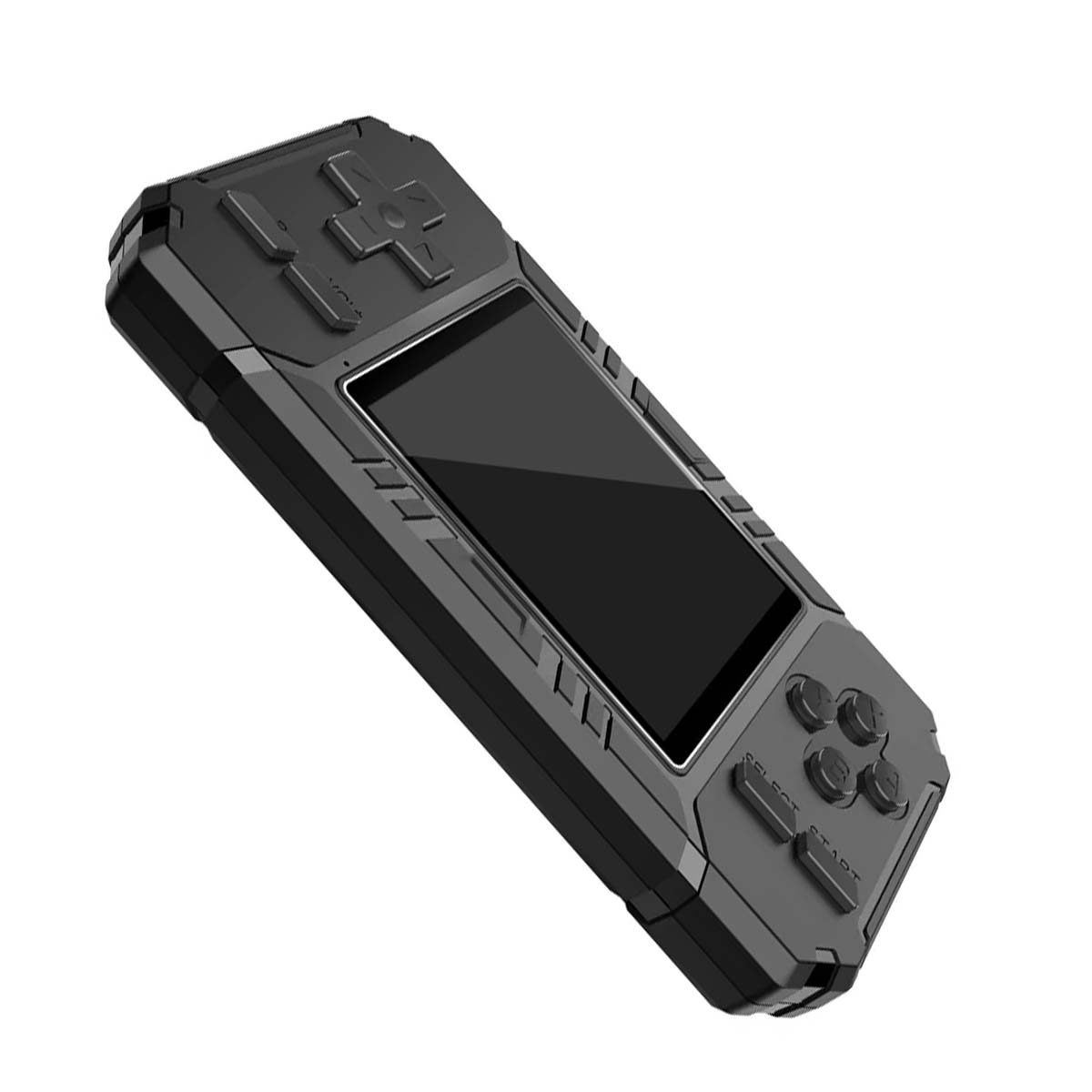 Una consola de juegos portátil gris, en ángulo. Presenta una pantalla, un mando direccional, botones y texto 'SELECT' y 'START'.