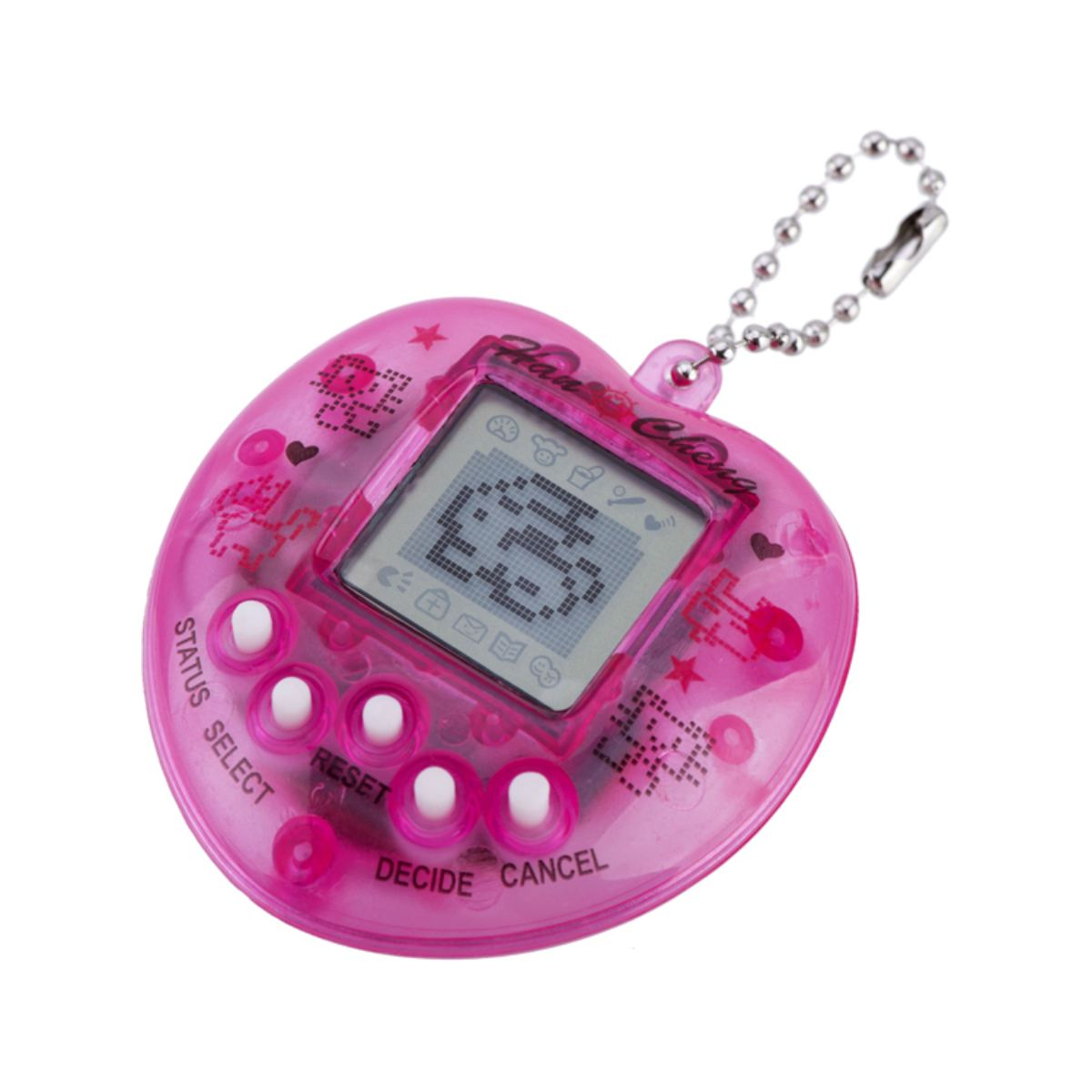 Ein pinkfarbenes Tamagotchi-Spielzeug mit einem Bildschirm, der ein verpixeltes Bild zeigt. Es hat Knöpfe mit der Aufschrift: Status, Auswählen, Zurücksetzen, Entscheiden, Abbrechen.
