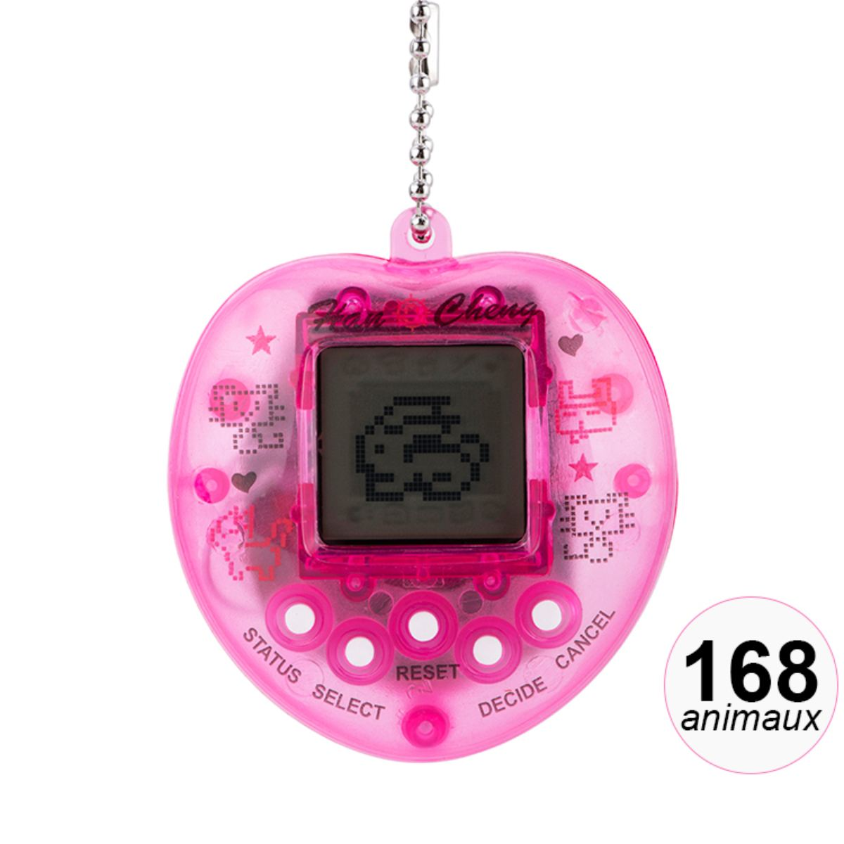 Ein pinkfarbenes, herzförmiges Tamagotchi-Spielzeug mit einem Bildschirm, der einen pixeligen Charakter zeigt. Es hat Knöpfe und den Text '168 animaux'.