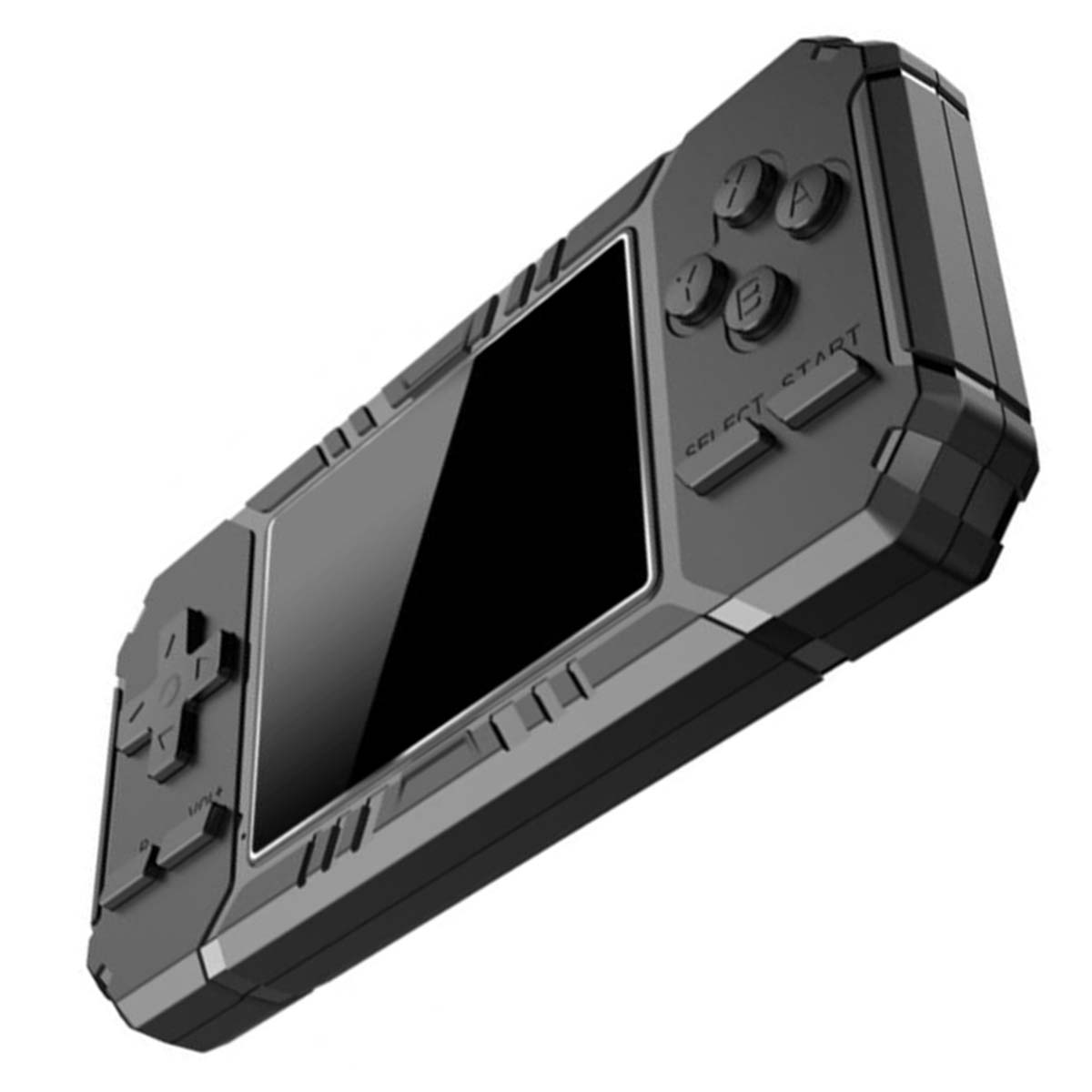 Una consola de juegos portátil gris. Tiene pantalla, cruceta y botones. 'Select' y 'Start' están etiquetados. El fondo es blanco.