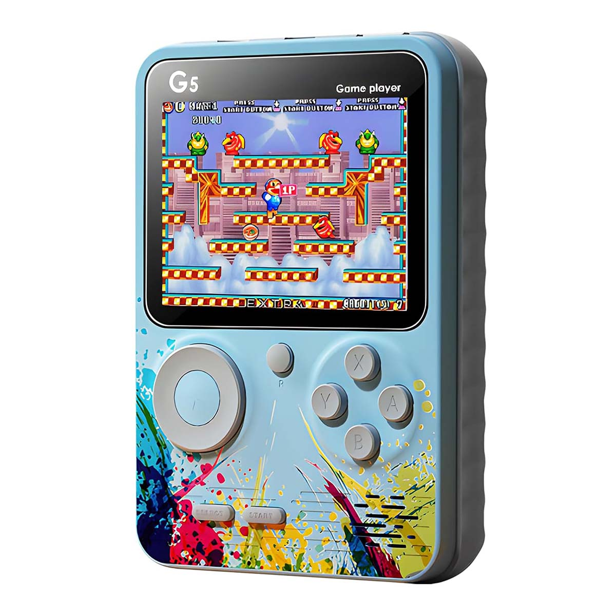 Una consola de juegos portátil muestra un juego retro. La pantalla muestra un juego de plataformas pixelado. La consola es azul claro y tiene botones.