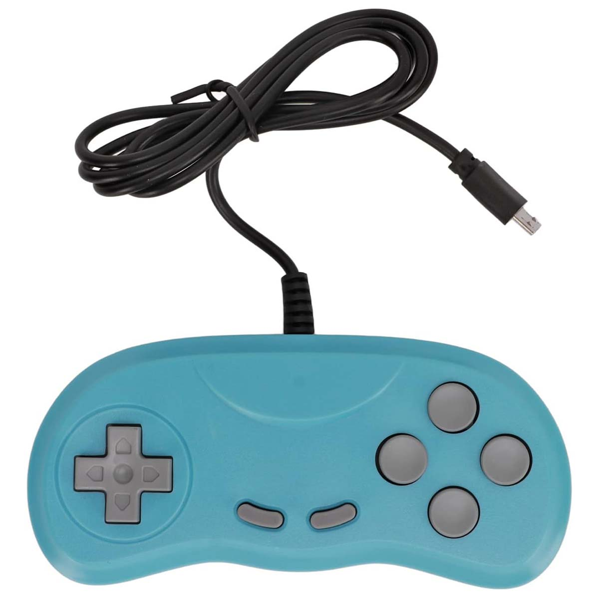 Un mando de juego retro azul claro con botones grises y un cable negro con un conector USB.