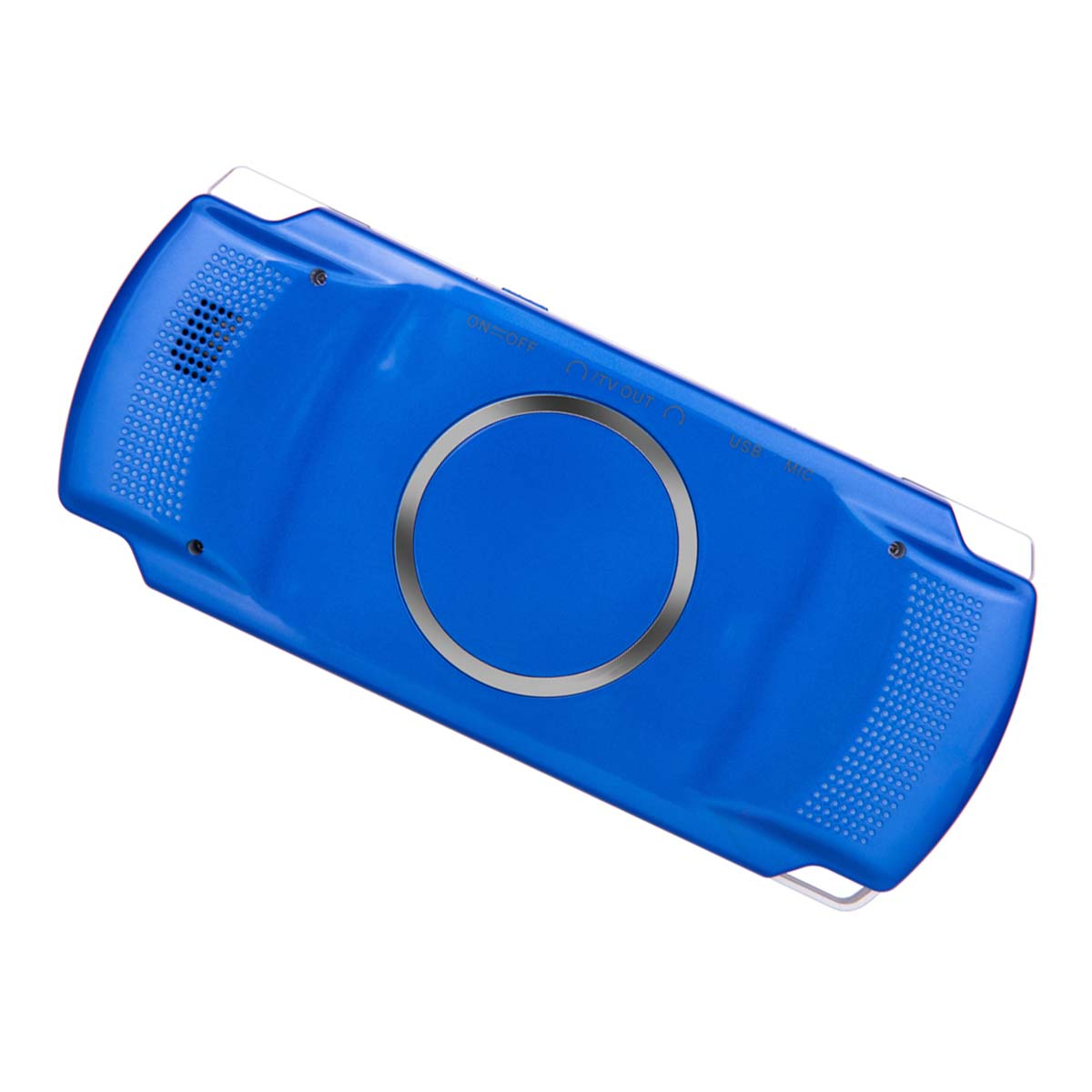 Una consola de juegos portátil azul sobre fondo blanco. Tiene un botón circular, varios puertos y un altavoz en la parte superior.