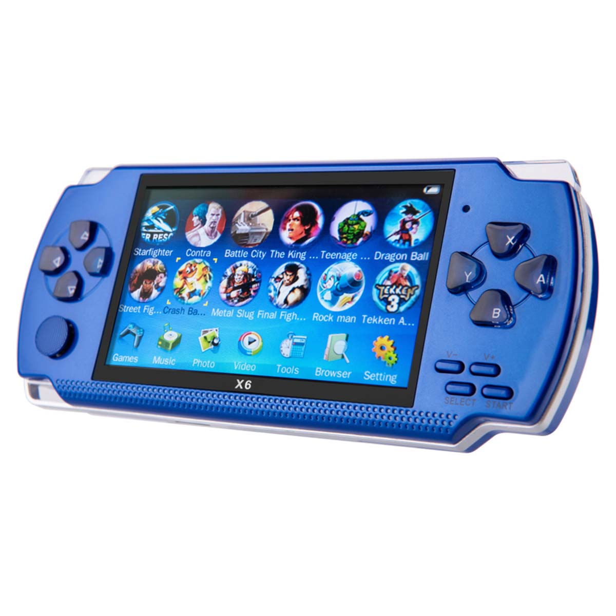 Una consola de juegos portátil azul con una pantalla que muestra iconos de juegos. Tiene botones y un D-pad.