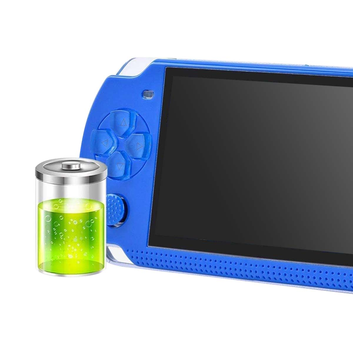 Una consola de juegos portátil azul con pantalla negra y un icono de batería que muestra carga completa. El fondo es blanco.