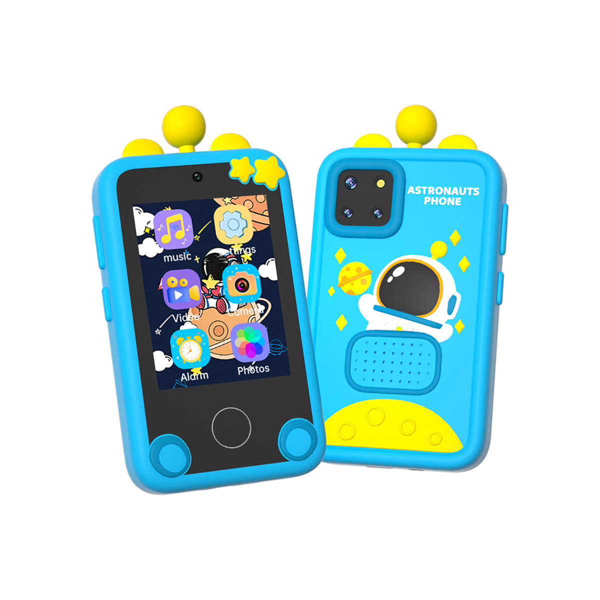 Ein blaues Spielzeugtelefon mit Astronautenmuster auf der Rückseite. Der Bildschirm zeigt App-Symbole. Gelbe Kreise und Sterne verzieren die Oberseite.