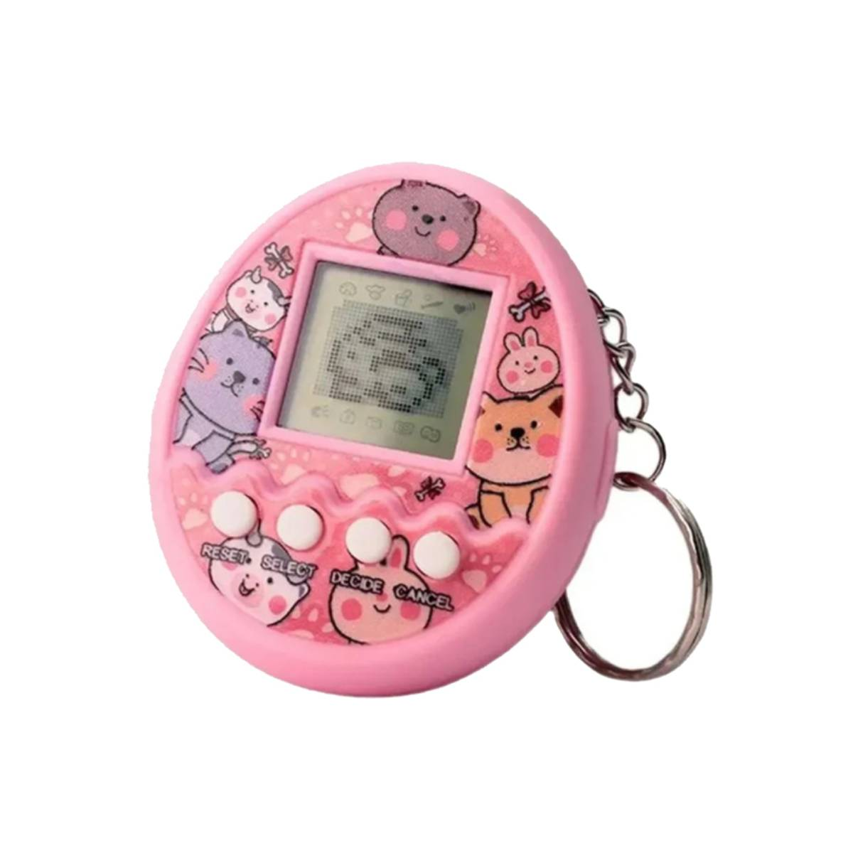 Giocattolo Tamagotchi rosa con disegni di animali. Ha uno schermo, pulsanti e un portachiavi. Vari personaggi animali sono stampati sopra.