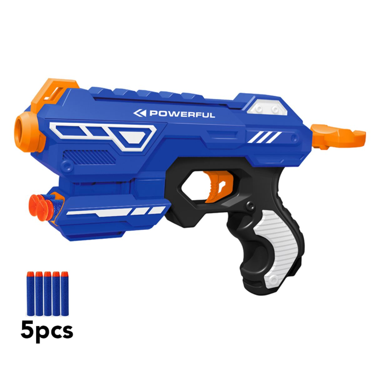 Eine blau-orange Spielzeugpistole mit weißen Akzenten. Es trägt das Wort POWERFUL und kommt mit fünf blauen Kugeln.