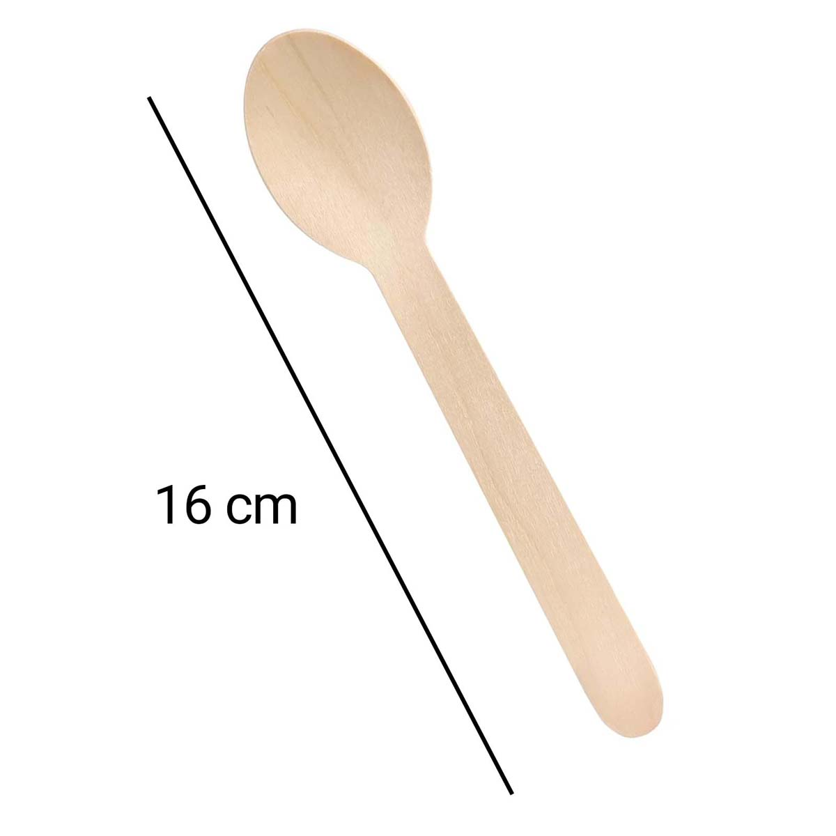 Un cucchiaio di legno su sfondo bianco. Una linea nera indica la lunghezza, con la scritta '16 cm'.