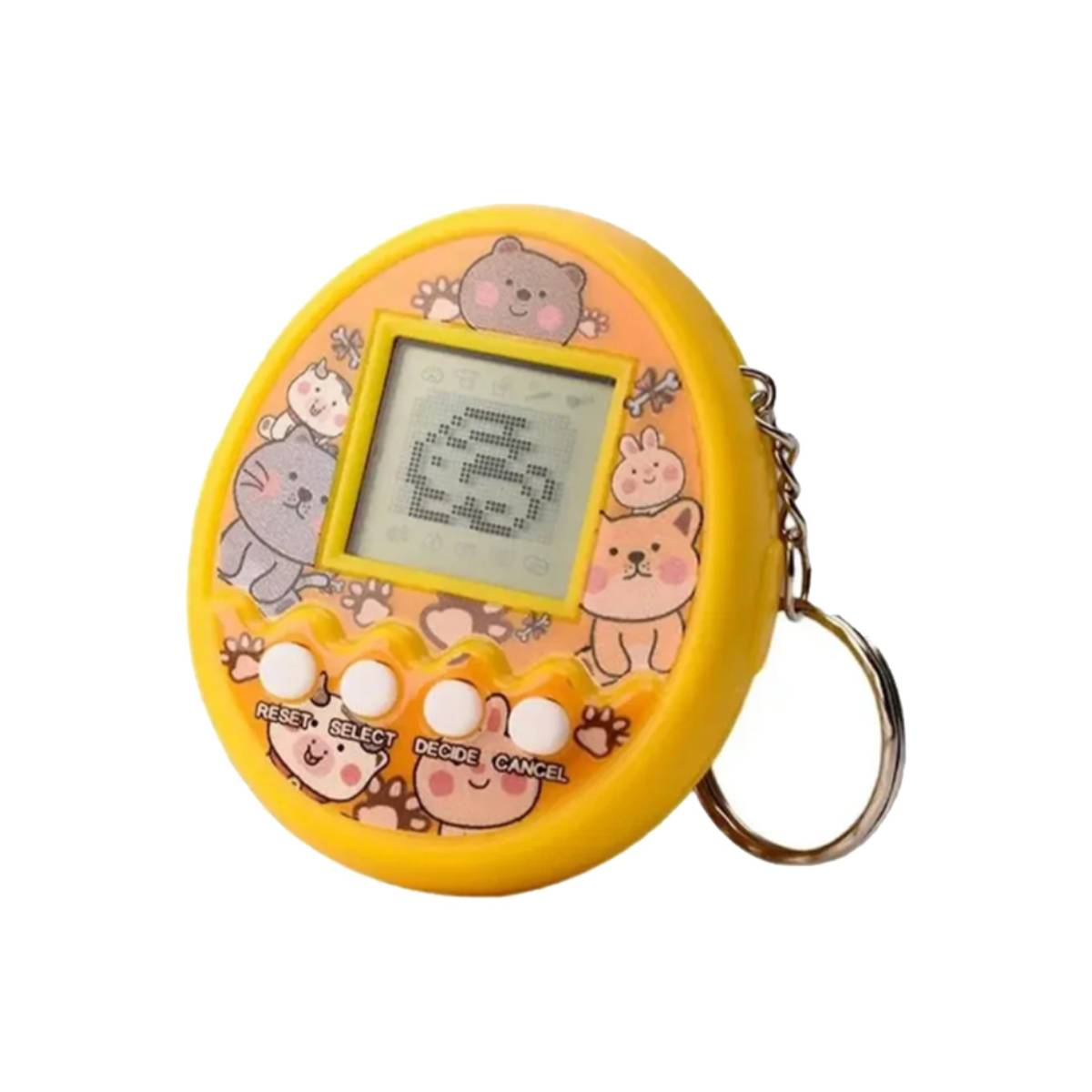Un giocattolo Tamagotchi giallo con disegni di animali. Ha un piccolo schermo che mostra pixel. Pulsanti: reset, select, decide, cancel.