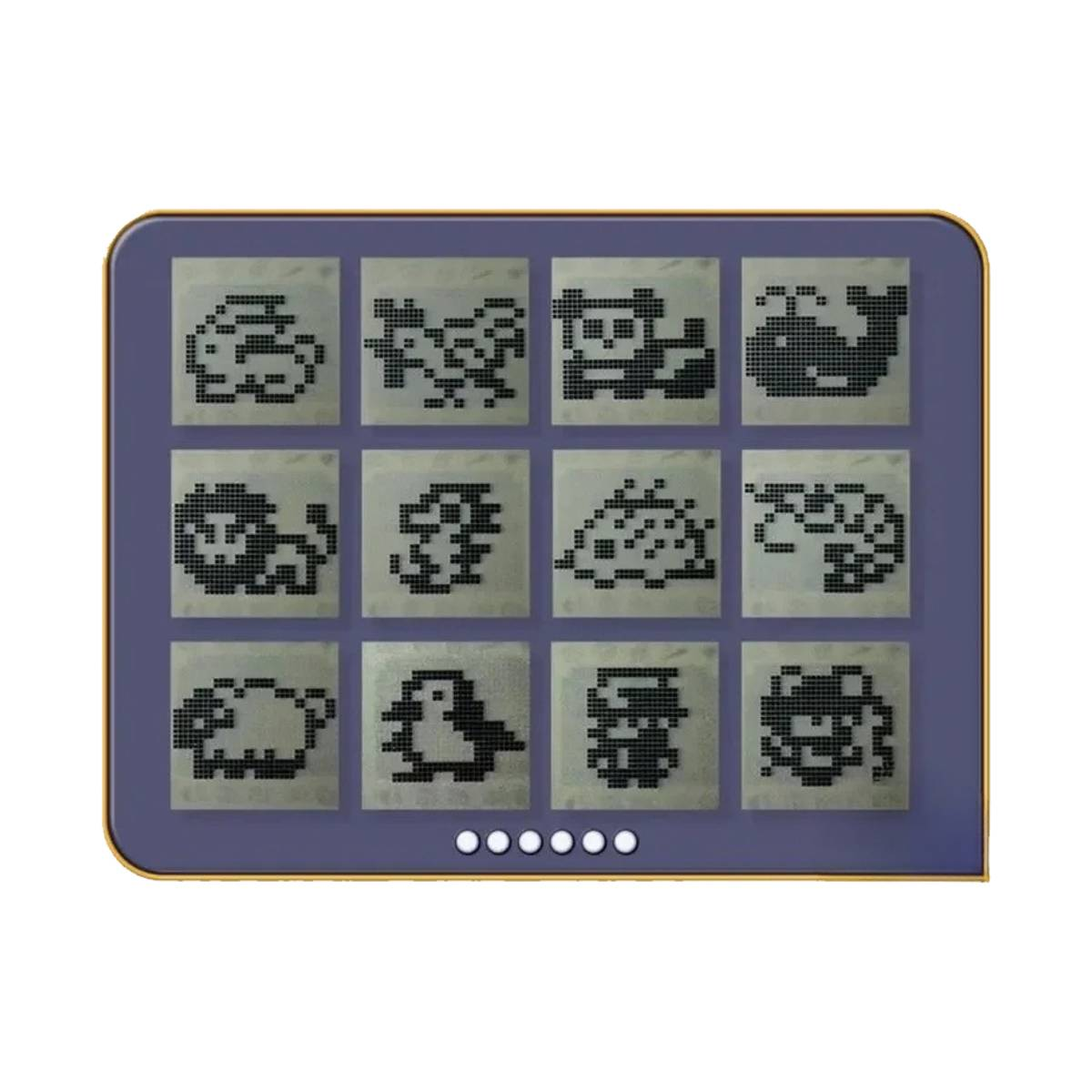 Un dispositivo portatile con icone di animali pixelate. Include un leone, una balena, un pinguino e una pecora.