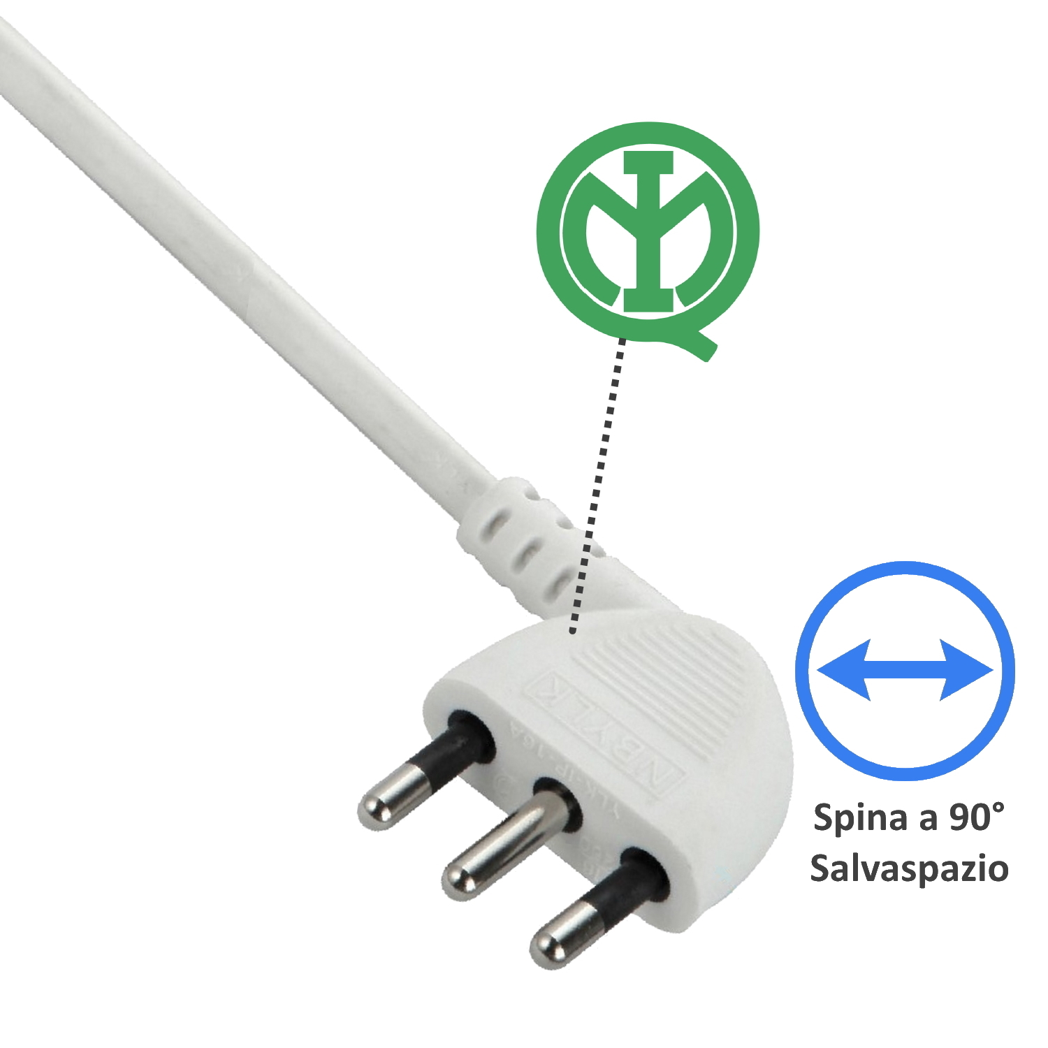 Ein weißer Netzstecker mit drei Stiften, platzsparendes 90-Grad-Design und grünes Logo auf weißem Hintergrund.