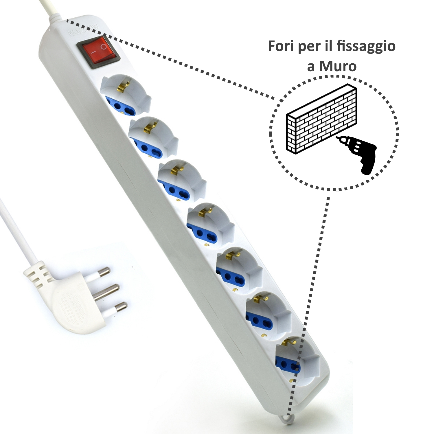 Weiße Steckdosenleiste mit 6 Steckdosen, rotem Schalter und Eurostecker. Diagramm zeigt Wandmontage.