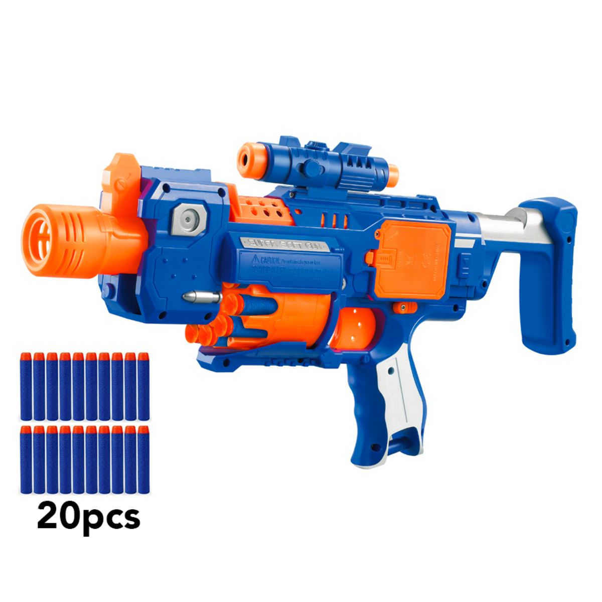 Eine blau-orangefarbene Spielzeugpistole mit Zielfernrohr und einem Satz blauer Kugeln mit der Aufschrift '20 Stück'.