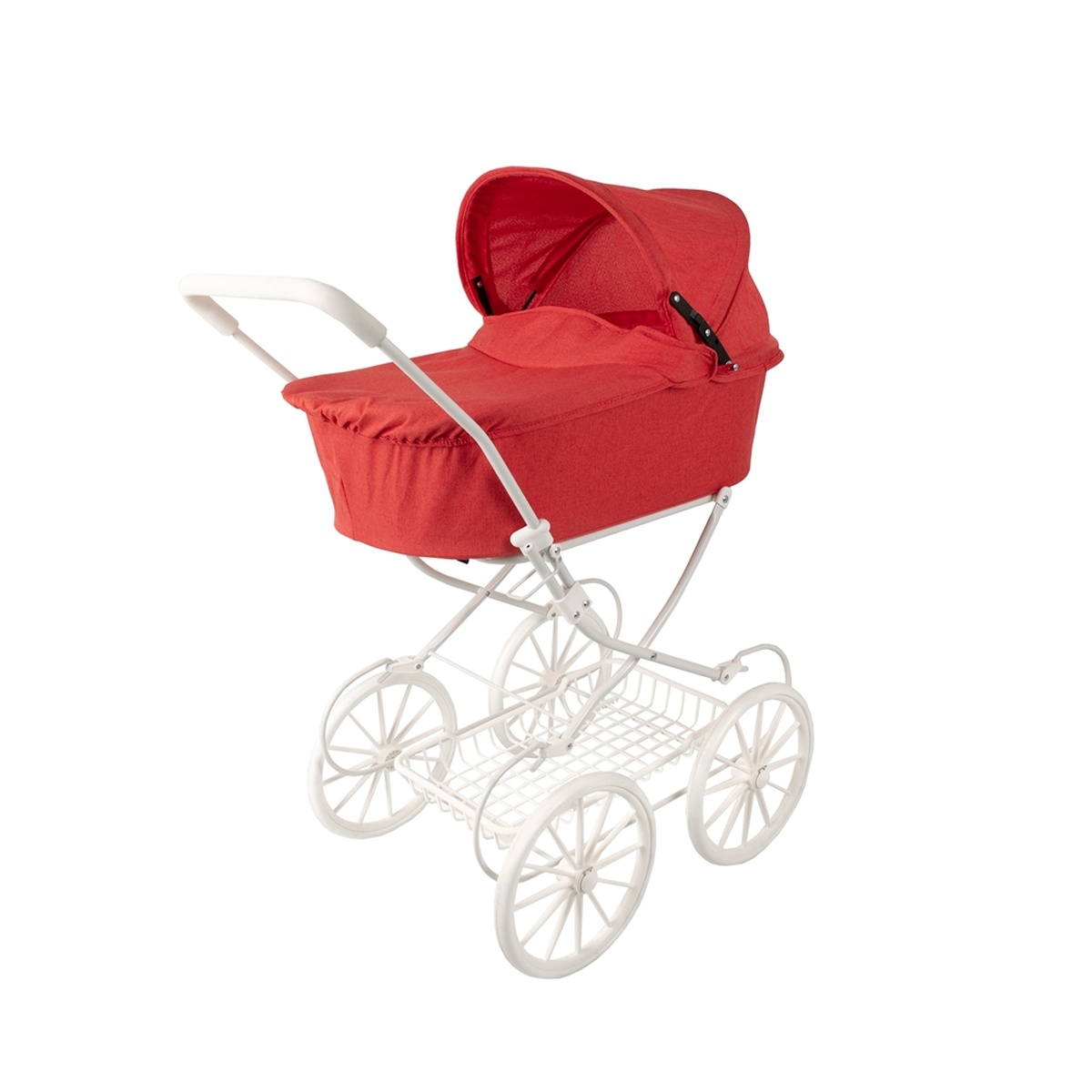 Ein roter Kinderwagen mit weißem Rahmen und Rädern. Der Wagen hat eine Haube und einen Aufbewahrungskorb. Isoliert auf weißem Hintergrund.