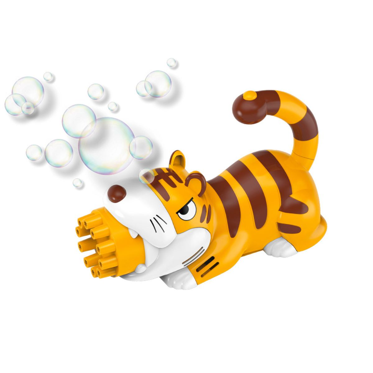 Ein tigerförmiger Seifenblasenmacher, der Seifenblasen bläst. Das Spielzeug hat orangefarbene und braune Streifen. Blasen schweben in der Luft.