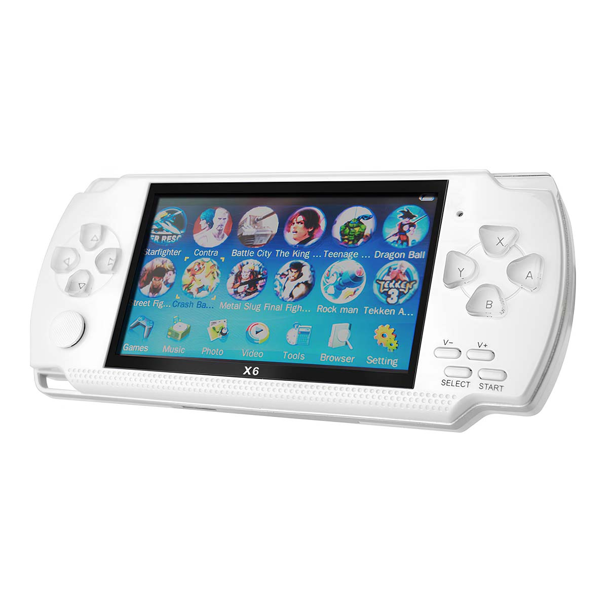 Una consola de juegos portátil blanca con una pantalla que muestra iconos de juegos. Tiene botones y un panel direccional. La consola está sobre fondo blanco.