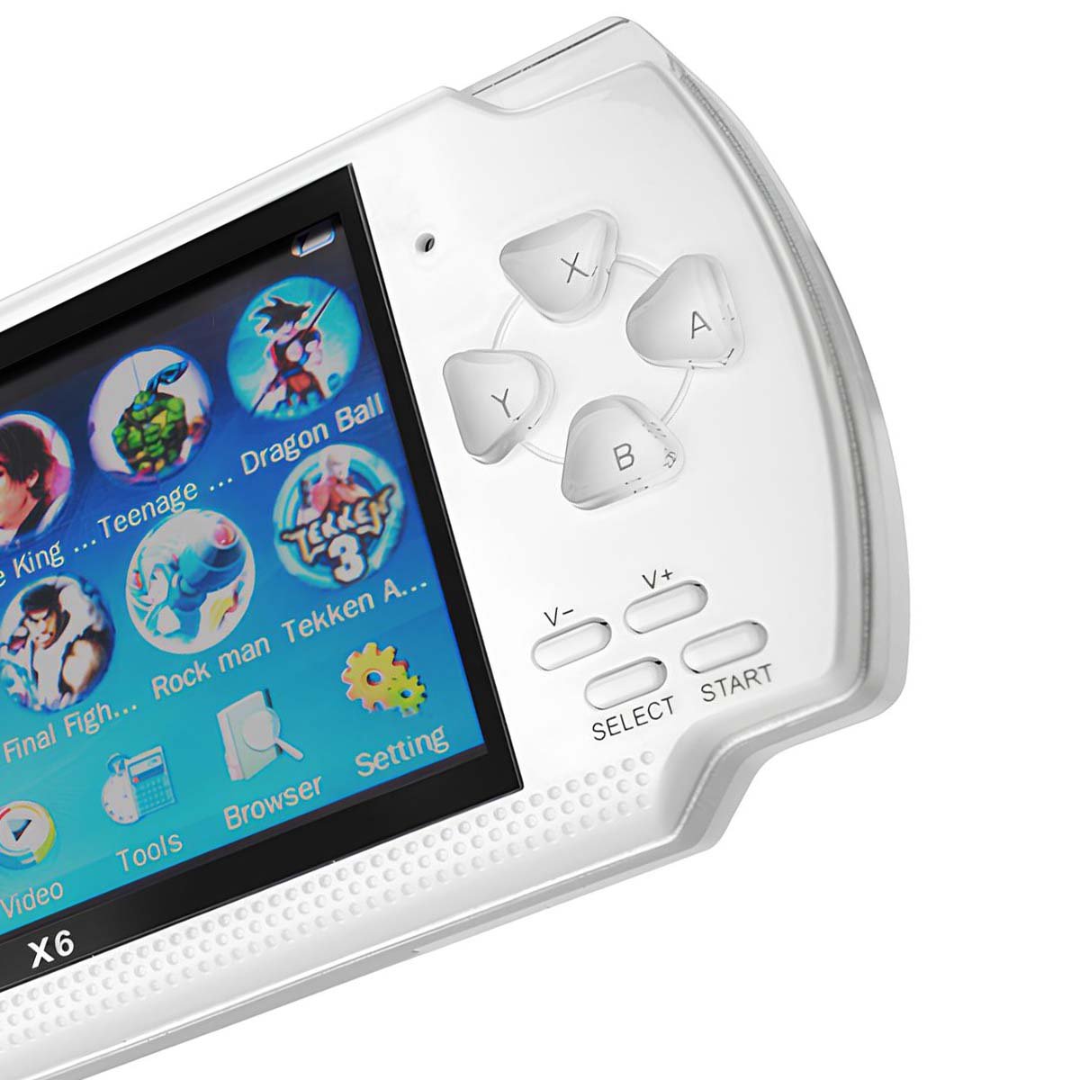 Una consola de juegos portátil blanca con una pantalla que muestra iconos y botones de juegos. Los botones incluyen X, A, B, Y, seleccionar, iniciar y controles de volumen.