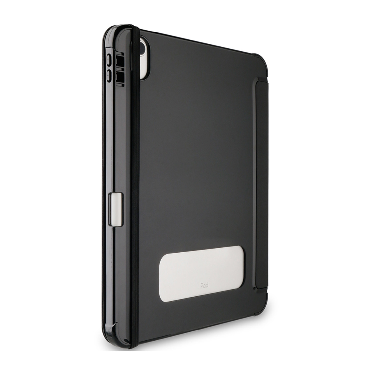 Eine schwarze iPad-Hülle mit weißem Ständer. Die Hülle ist geschlossen und zeigt die Seite mit Knöpfen und Magnetverschluss.