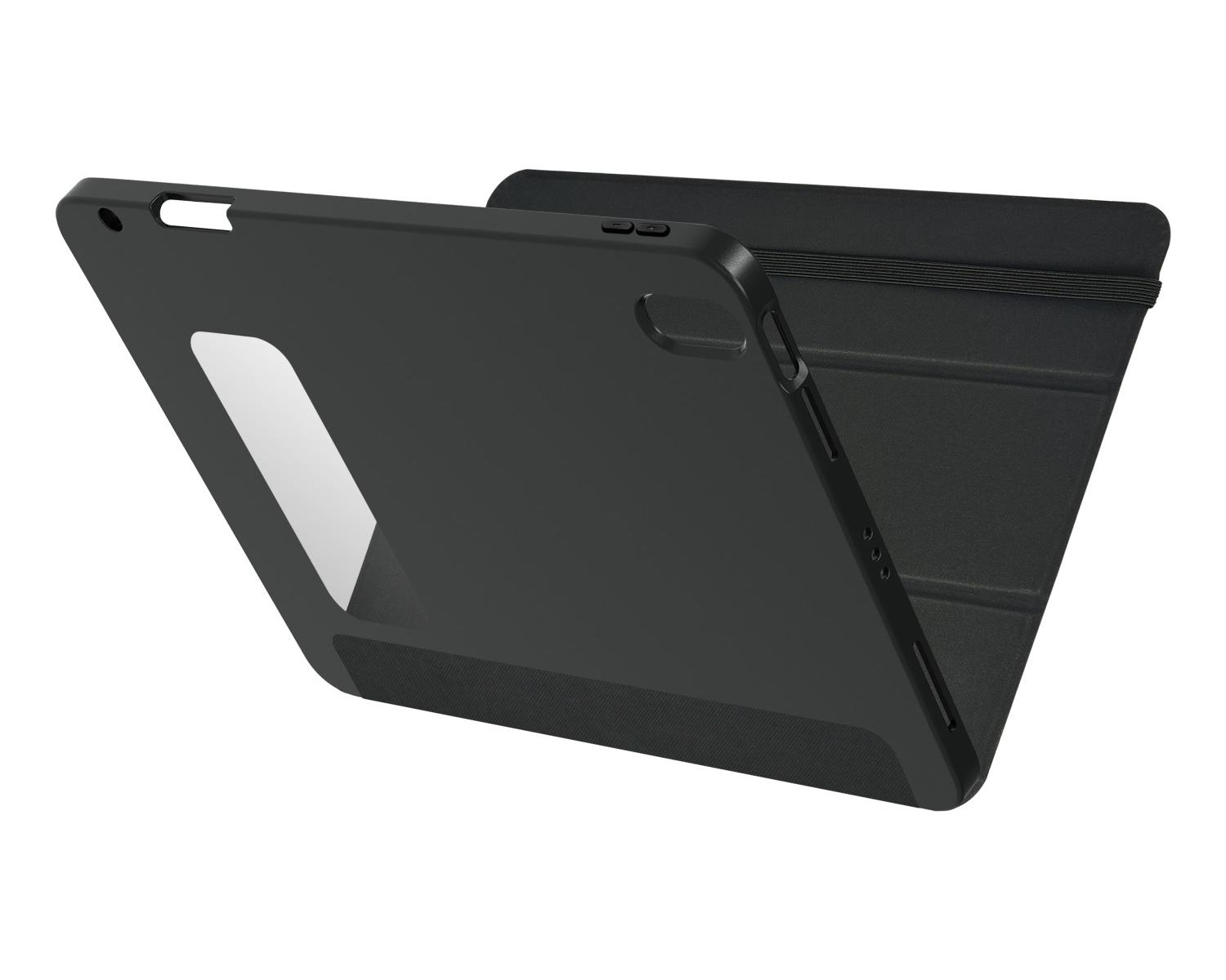 Eine schwarze Tablet-Hülle, die geöffnet ist, um das Innere zu zeigen. Sie hat einen weißen Akzent auf der Vorderseite.