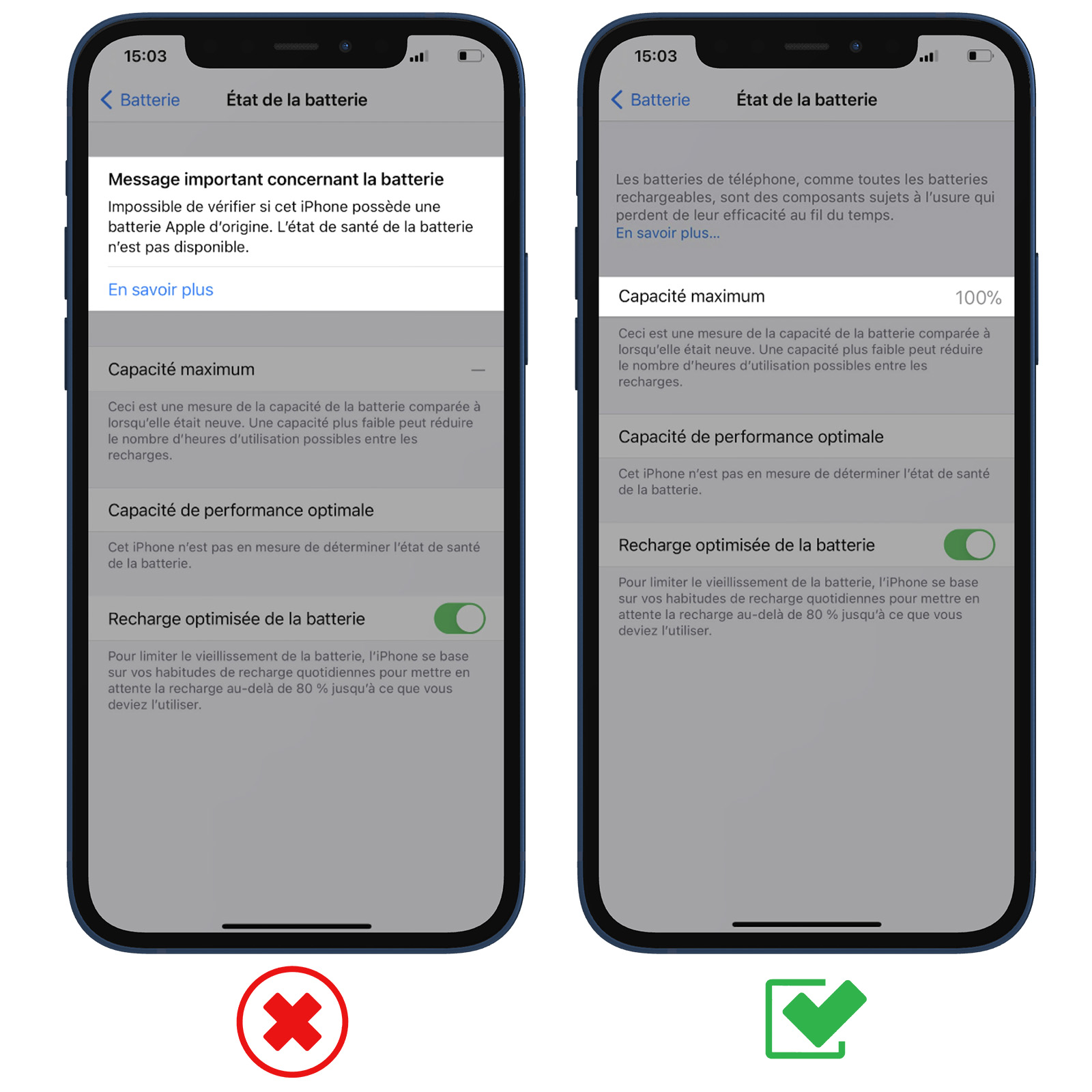 Zwei iPhone-Bildschirme. Links: Warnung vor Batterie. Rechts: Batteriezustand mit 100% Kapazität.