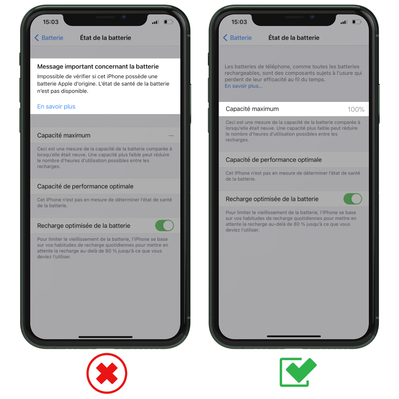 Zwei iPhone-Screenshots zeigen den Batteriezustand. Einer hat eine Fehlermeldung, der andere zeigt 100 % Kapazität.