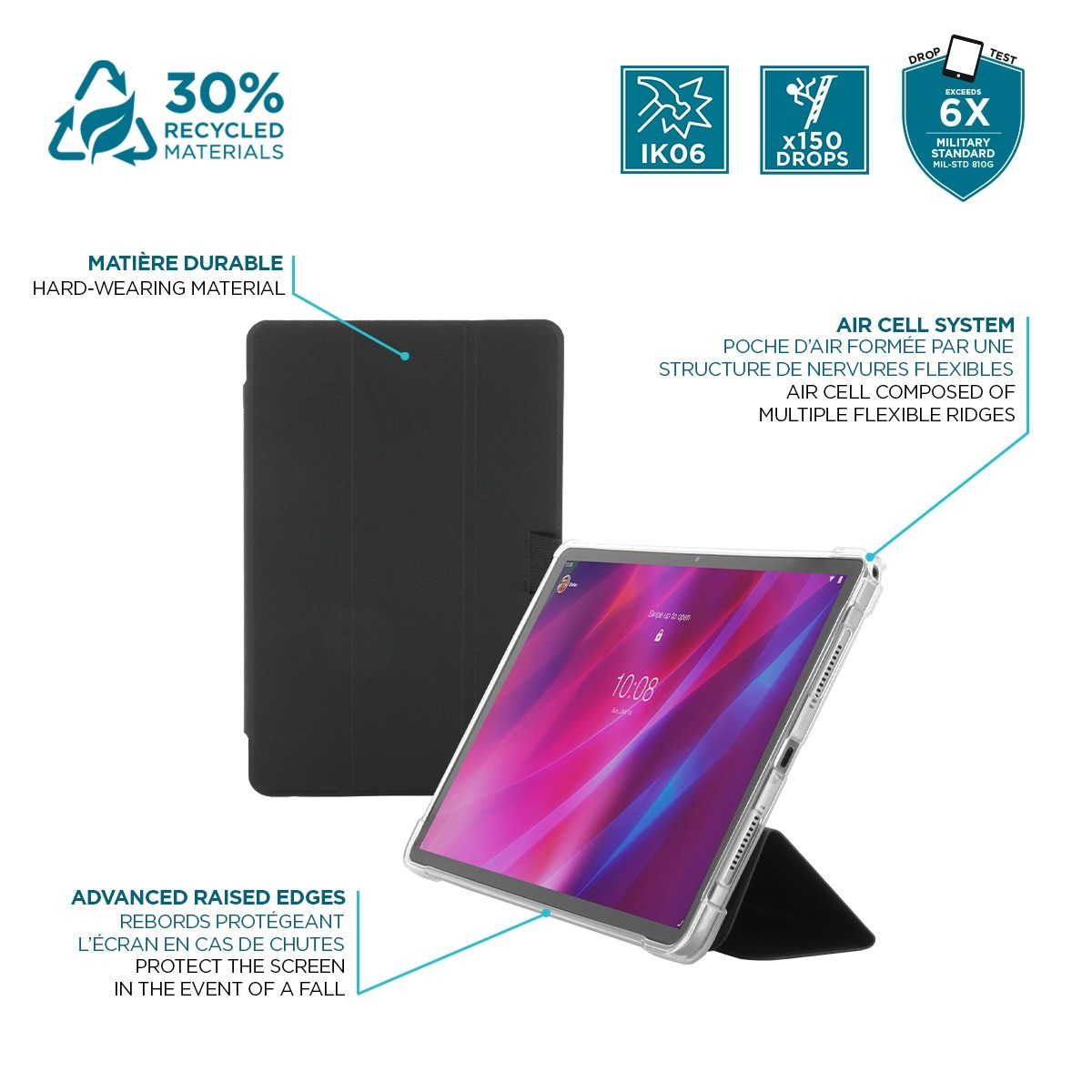 Una tableta en una funda protectora con bordes elevados. Características: 30% materiales reciclados y protección contra caídas.