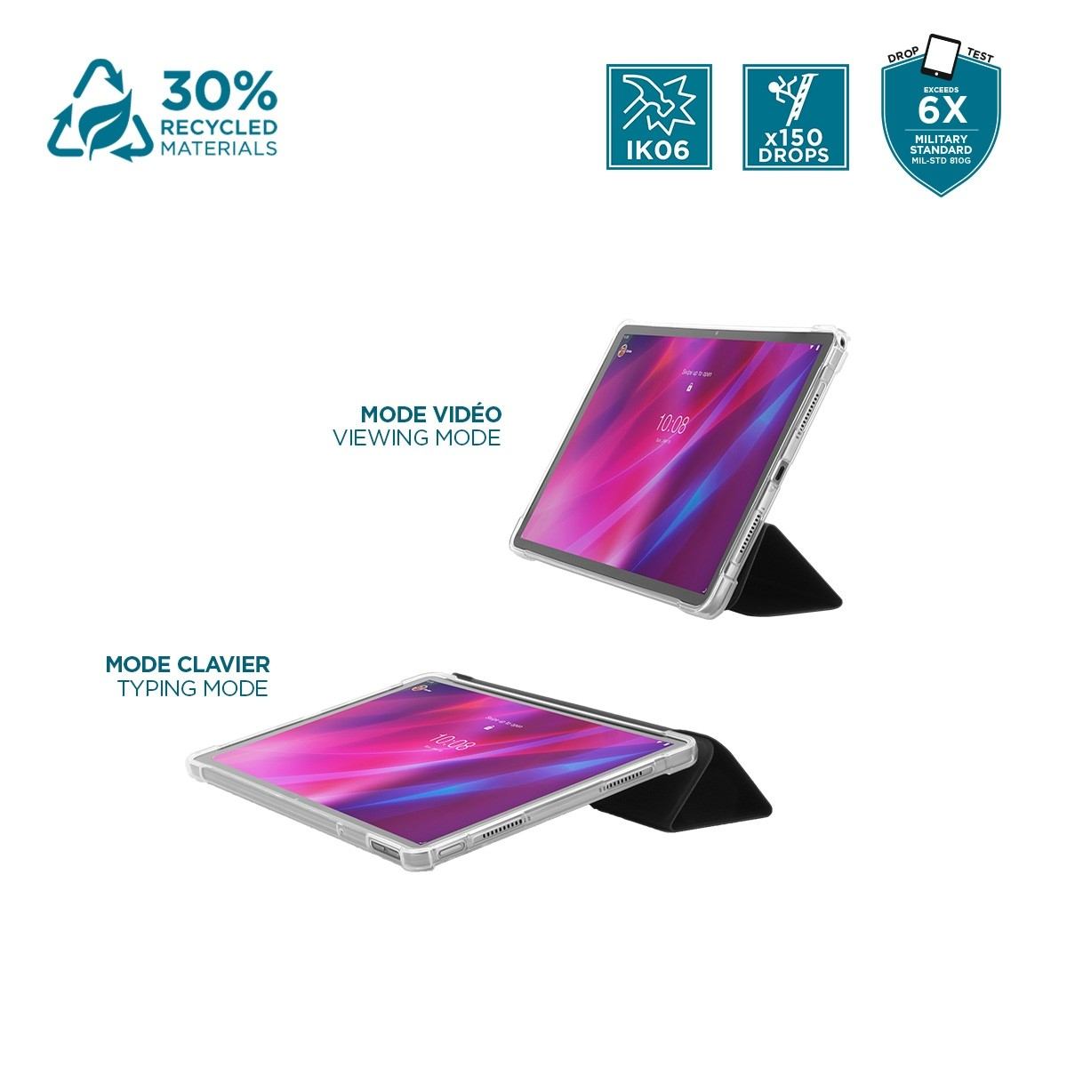 Una tableta en dos modos, visualización y escritura, con funda protectora. Los iconos indican materiales reciclados y resistencia a caídas.