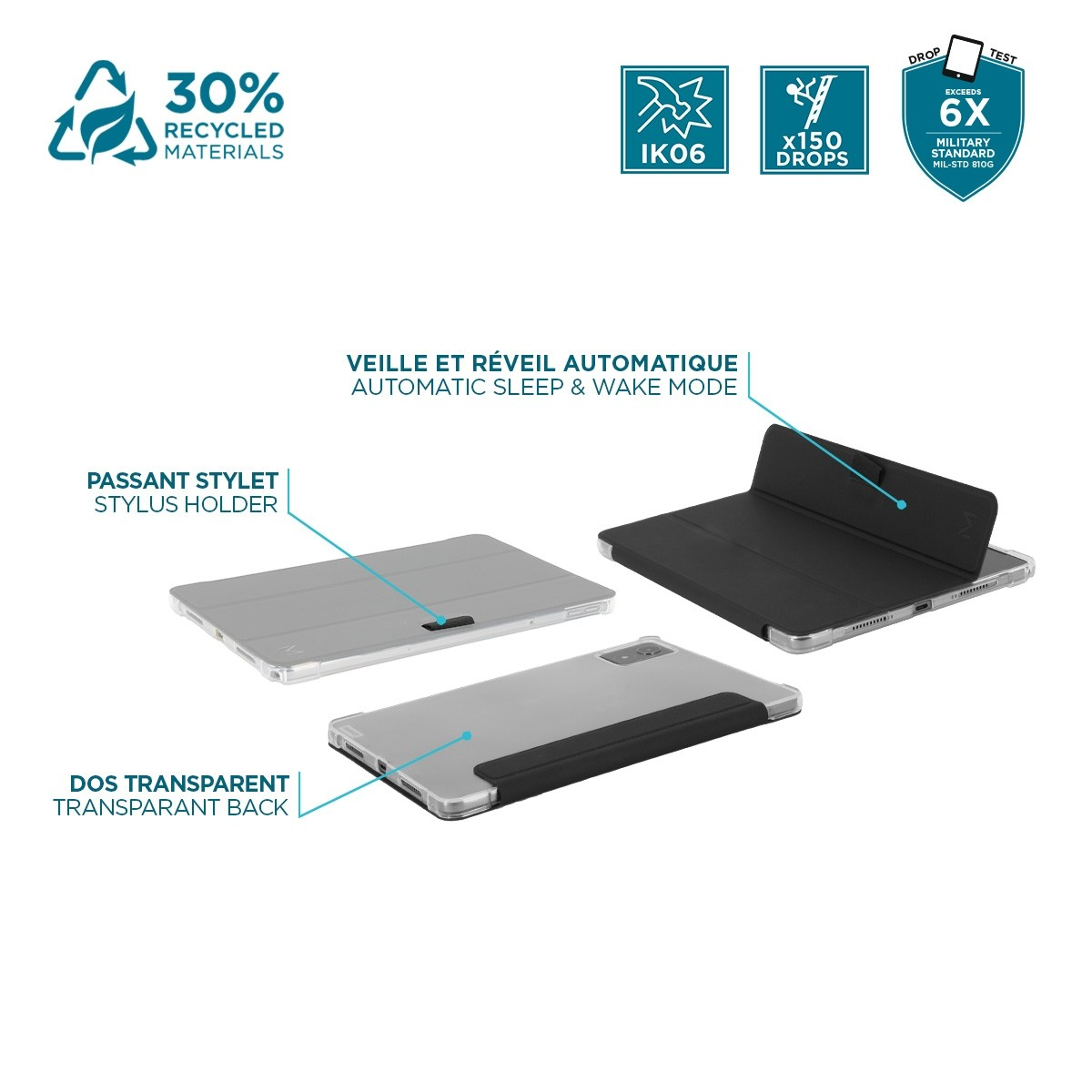 La imagen muestra fundas para tabletas con funciones como soporte para lápiz, respaldo transparente y modo de suspensión/activación automático.