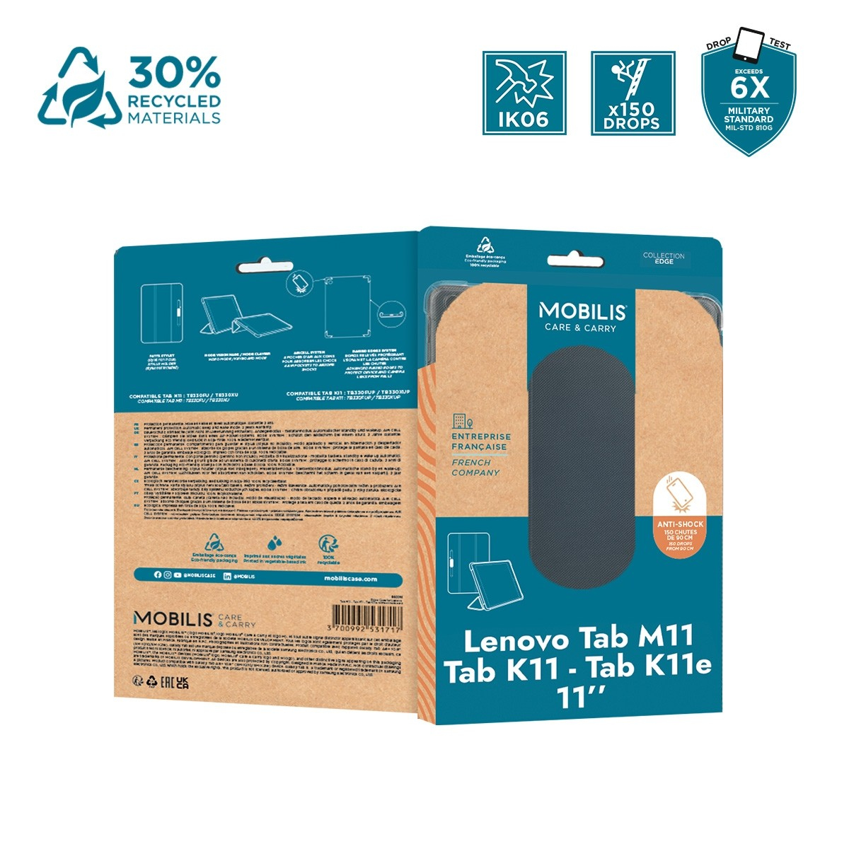 Embalaje de funda para tablet. Características: materiales reciclados, prueba de caída y resistencia a golpes. Marca: Mobilis.
