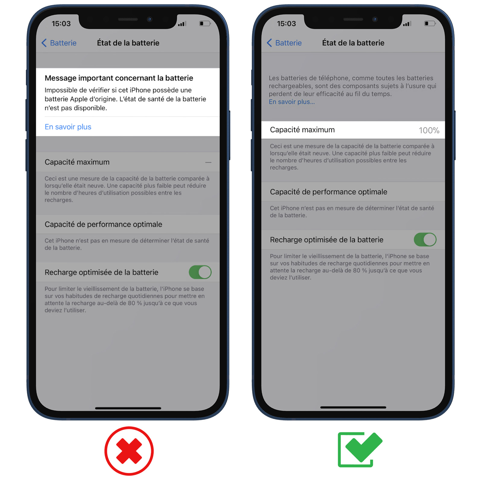 Zwei iPhone-Screenshots, einer mit einer Fehlermeldung zur Batterie, der andere zeigt den Batteriezustand zu 100%.