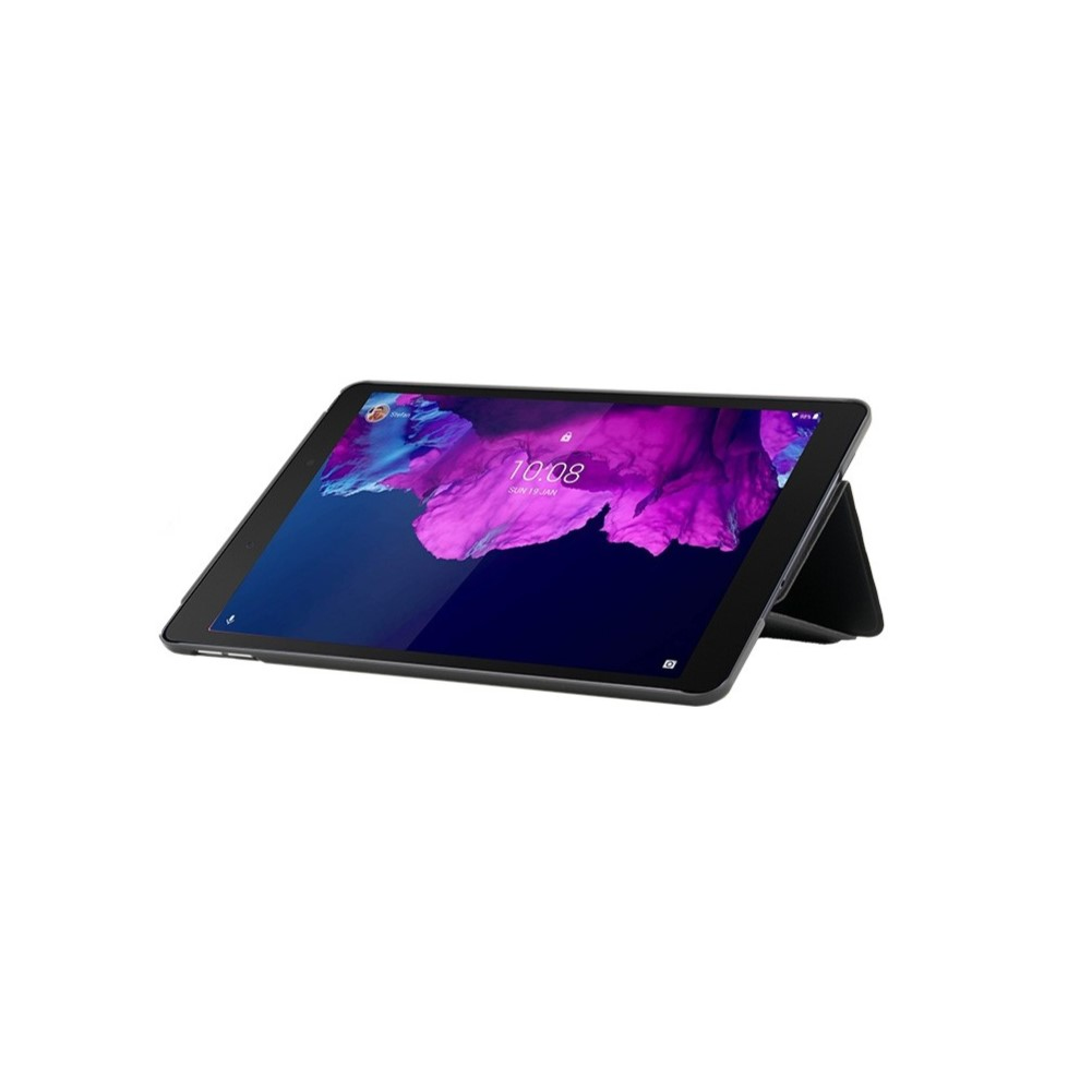 Una tableta negra que muestra una pantalla de bloqueo con un fondo morado y azul. Está apoyada en un soporte sobre un fondo blanco.