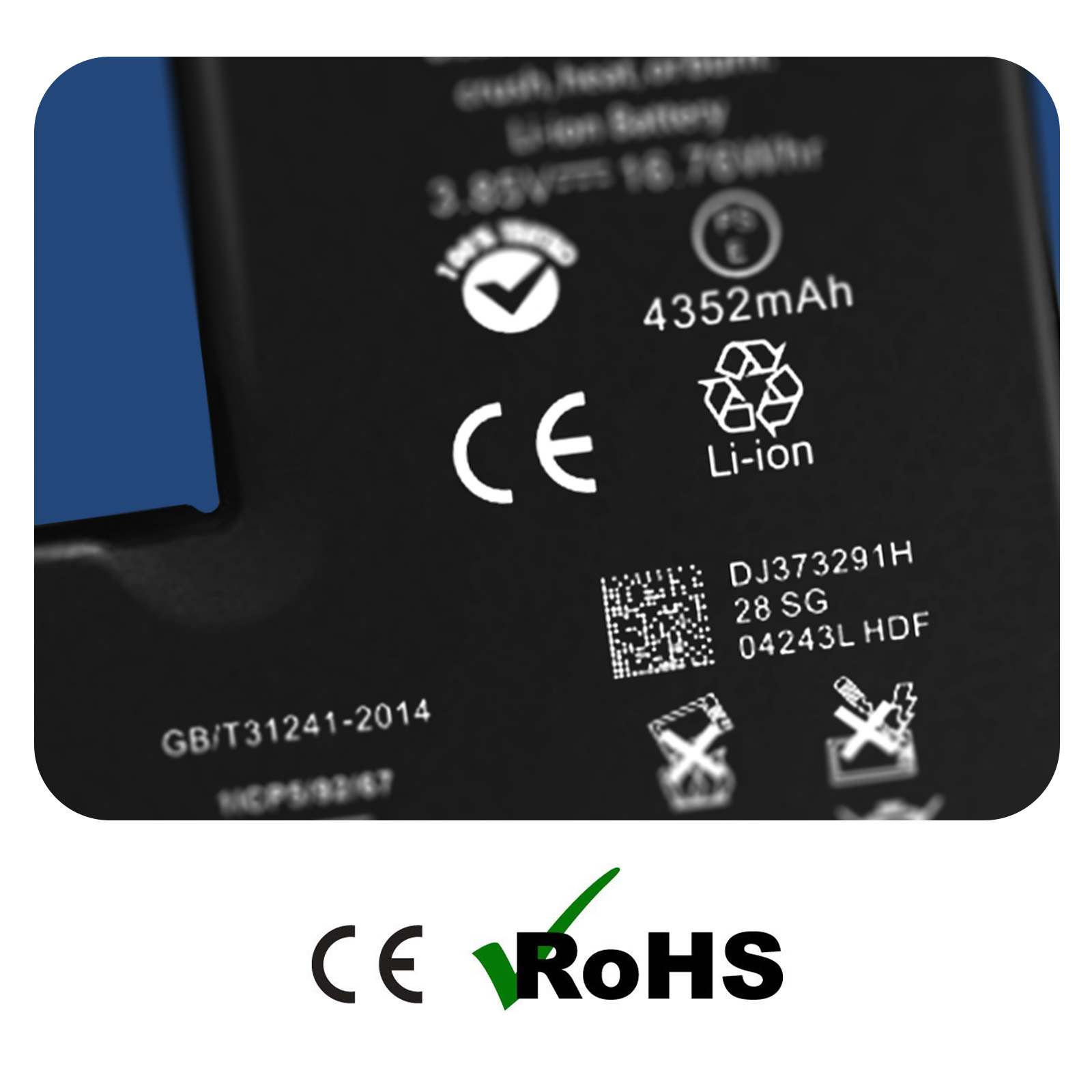 Schwarzer Handy-Akku mit weißem Text und Symbolen. Enthält CE, RoHS, 4352mAh, Li-Ion und andere Etiketten.