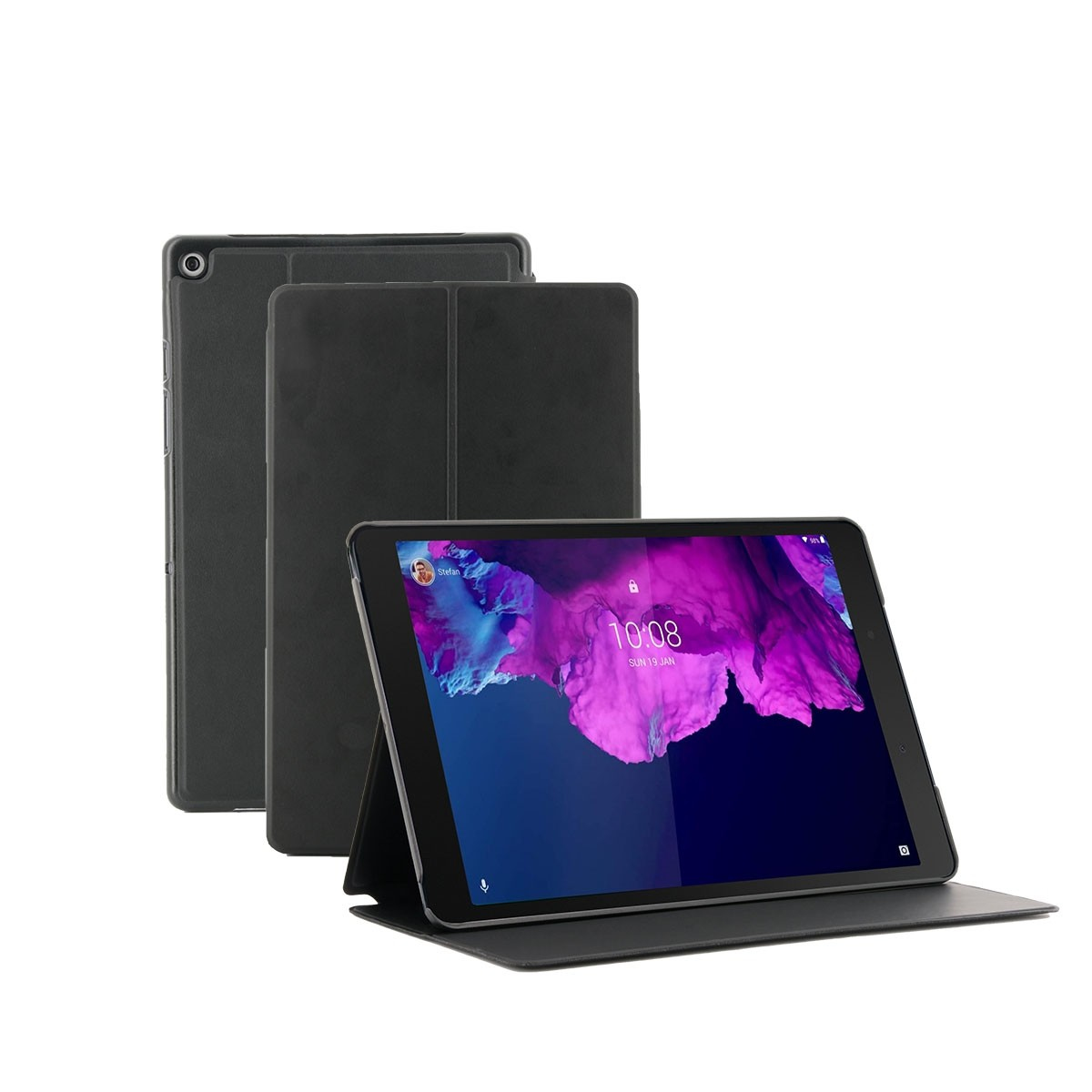 Una tableta con funda negra está abierta, mostrando un fondo de pantalla vibrante. Dos fundas más están detrás.