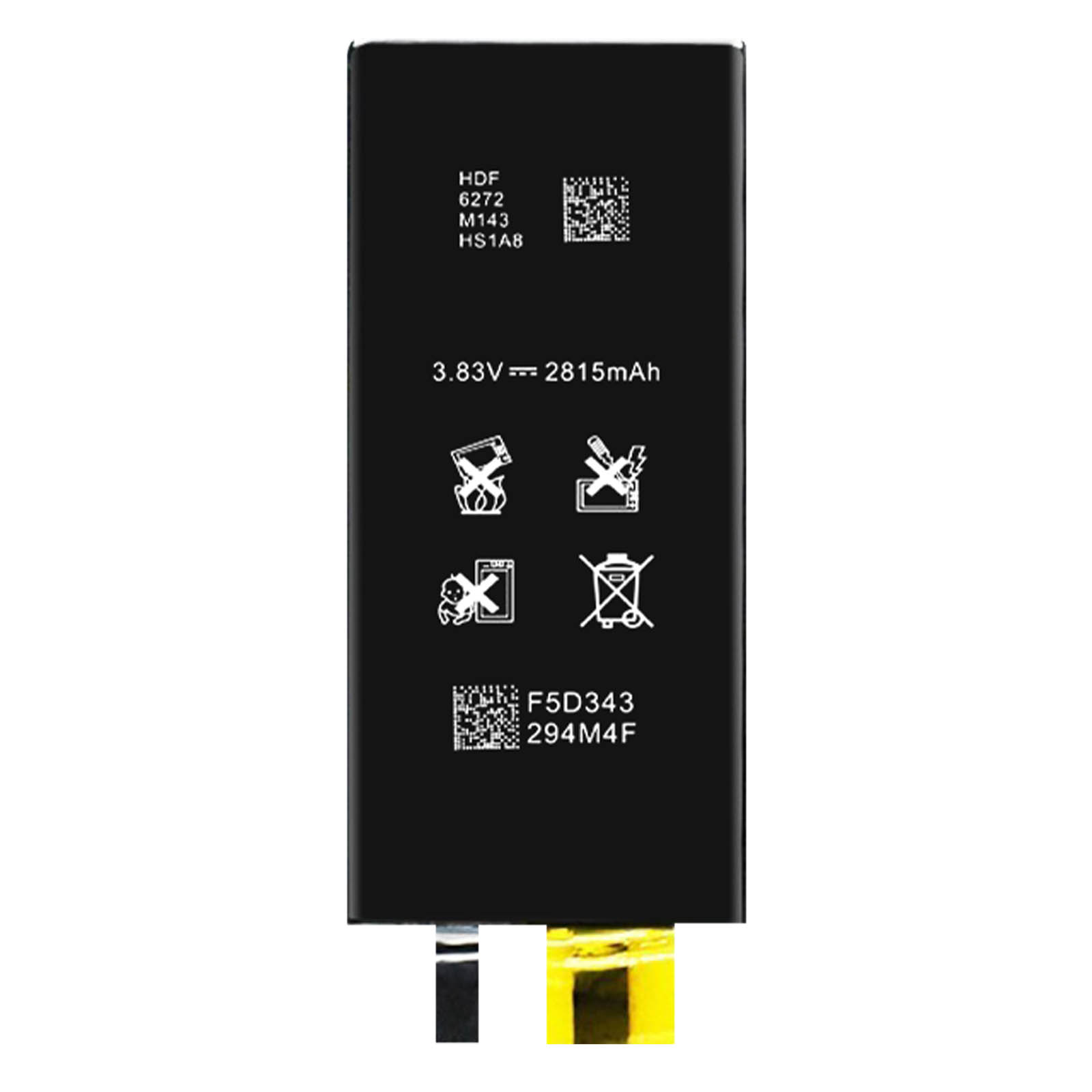 Schwarzer rechteckiger Akku. Hat Text, Symbole und QR-Codes. Gelbe und schwarze Anschlüsse unten.