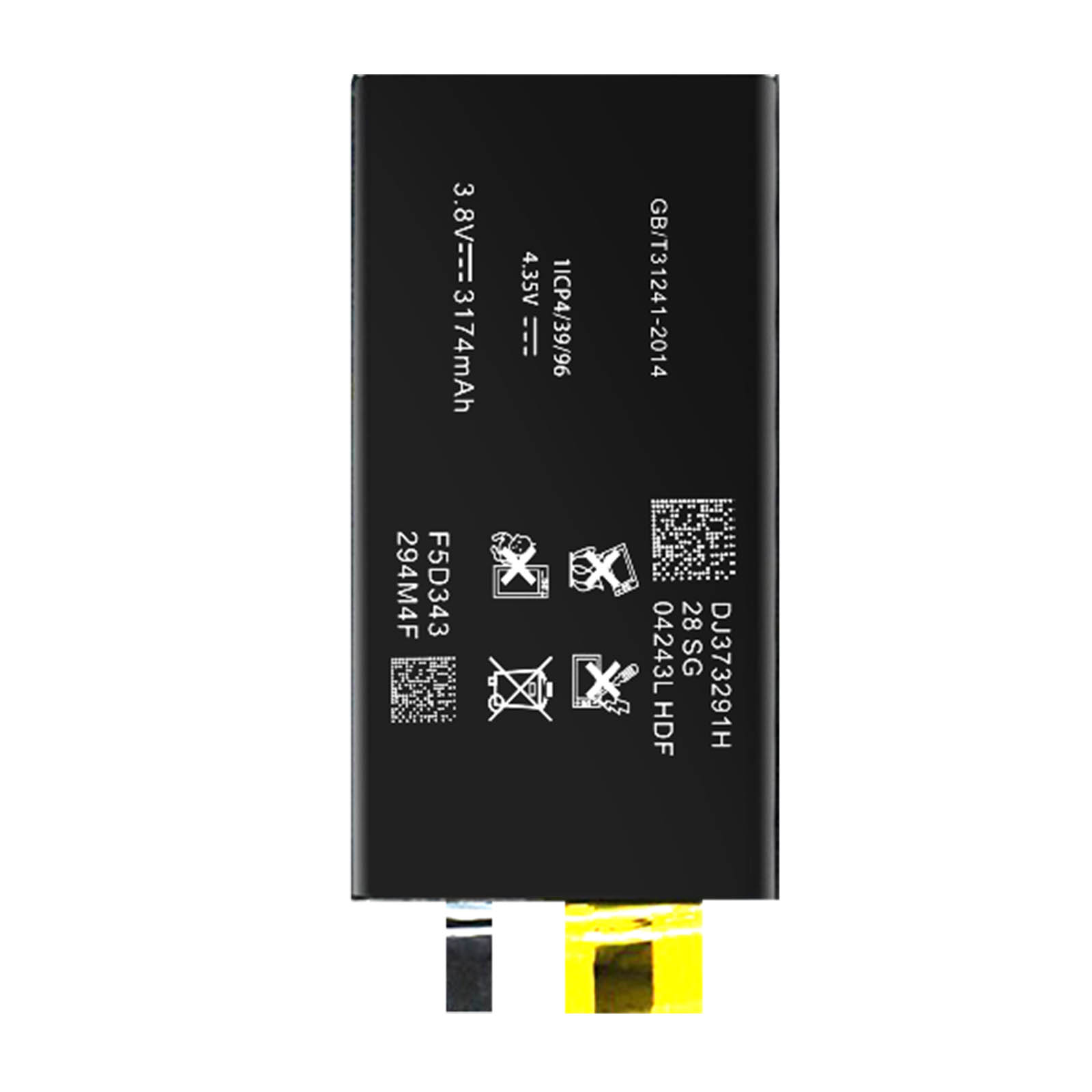Una batteria nera rettangolare con testo stampato, inclusi dettagli di tensione e capacità, e vari simboli di sicurezza.