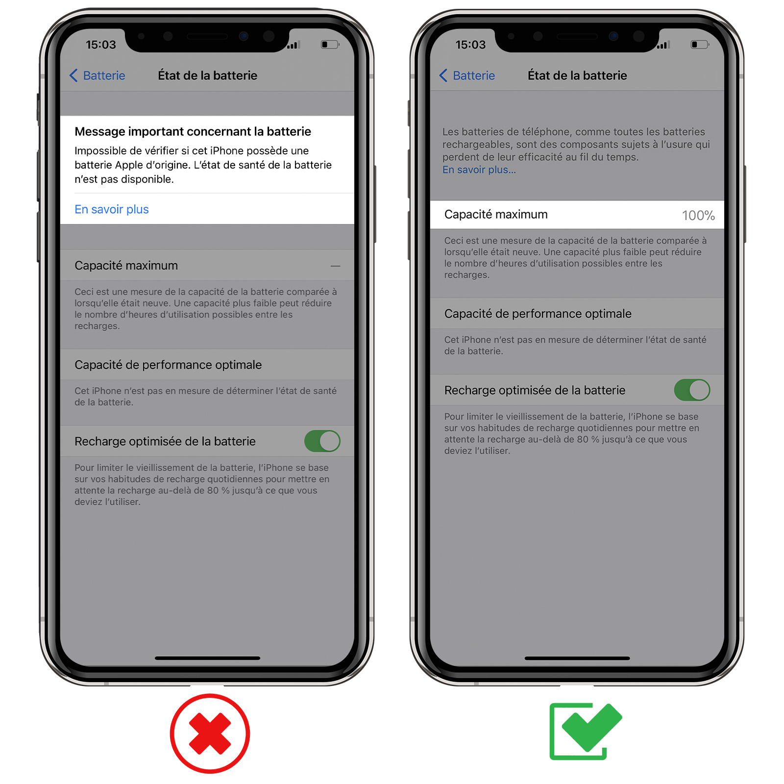 Due schermate delle impostazioni della batteria dell'iPhone. A sinistra viene visualizzato un errore. A destra viene visualizzata la batteria al 100% e la ricarica ottimizzata.