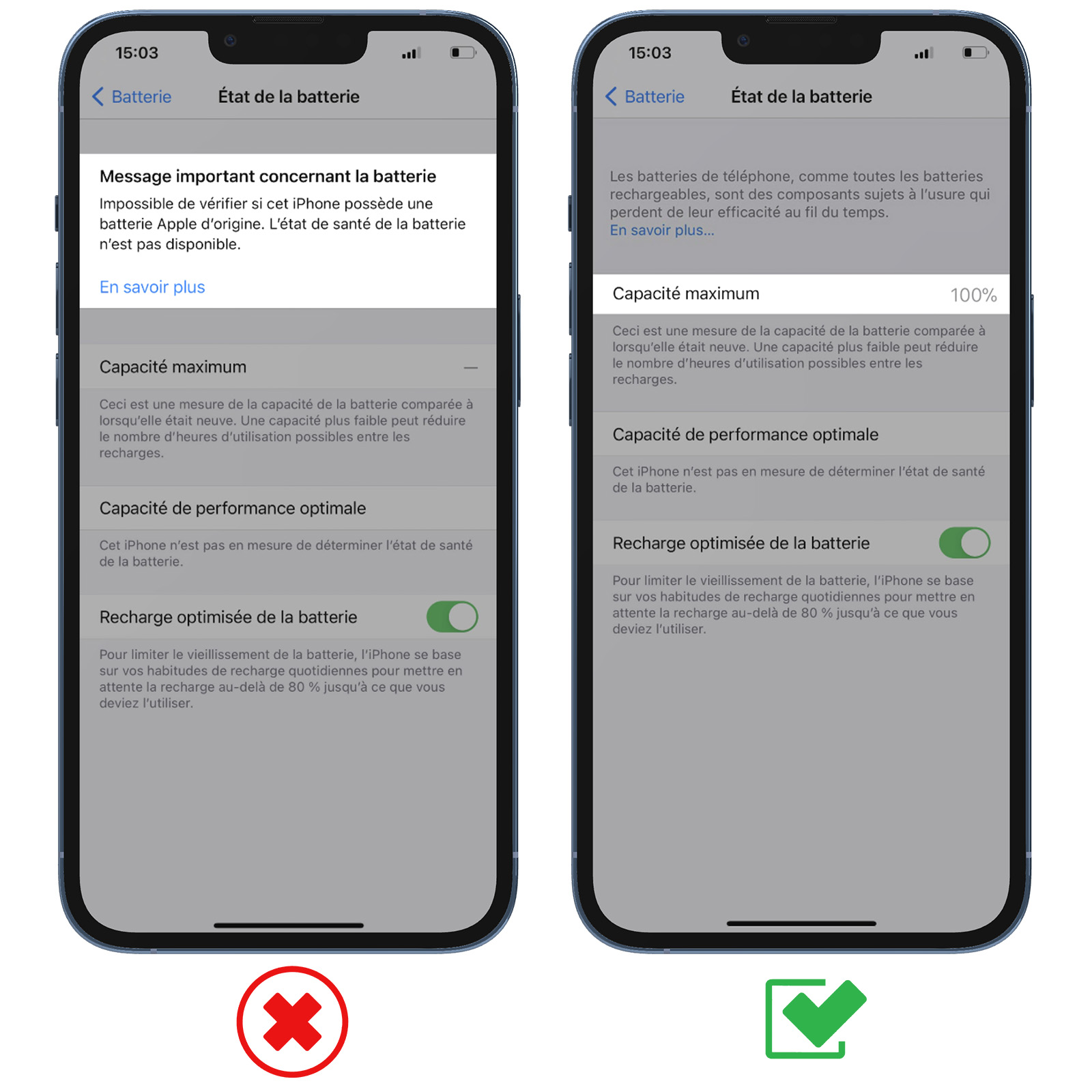 Zwei iPhone-Bildschirme. Links eine Warnung. Rechts die Batteriegesundheit bei 100%.