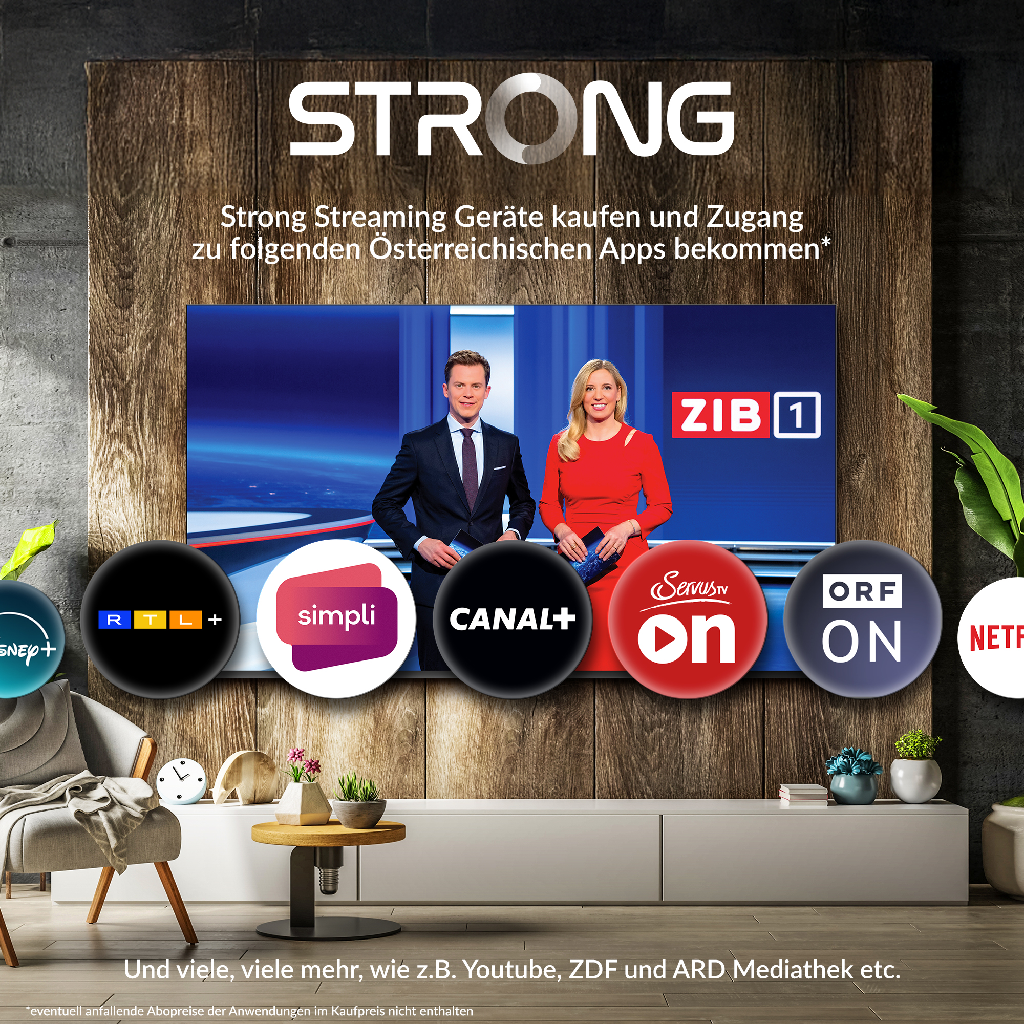 TV-Werbung mit Nachrichtensprechern und App-Logos wie Netflix. Das Wort STRONG steht oben. TV ist in der Mitte.