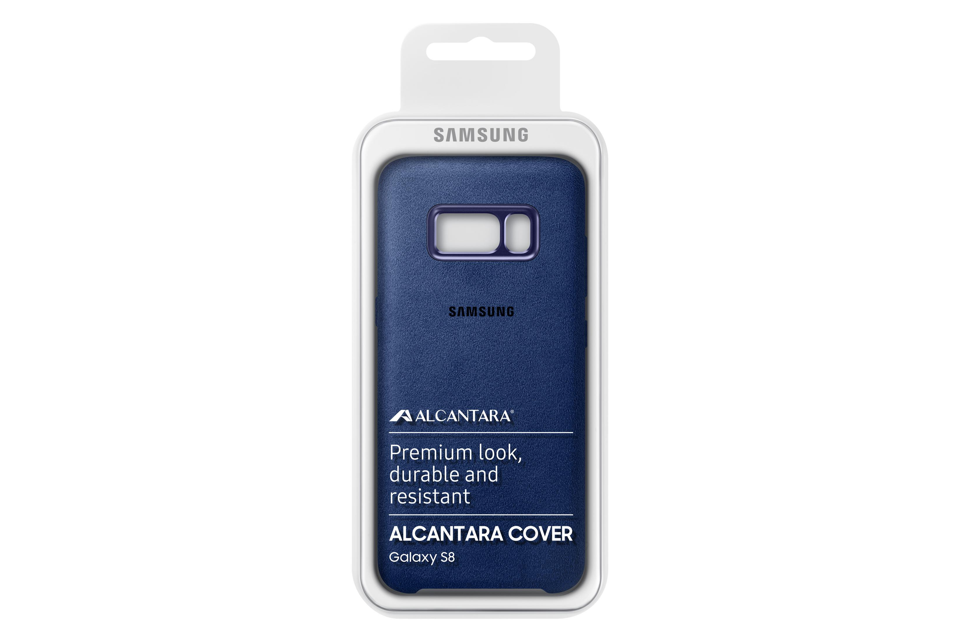 Una custodia per telefono nella confezione. È blu con logo Samsung. Testo: 'Alcantara Cover' per Galaxy S8.
