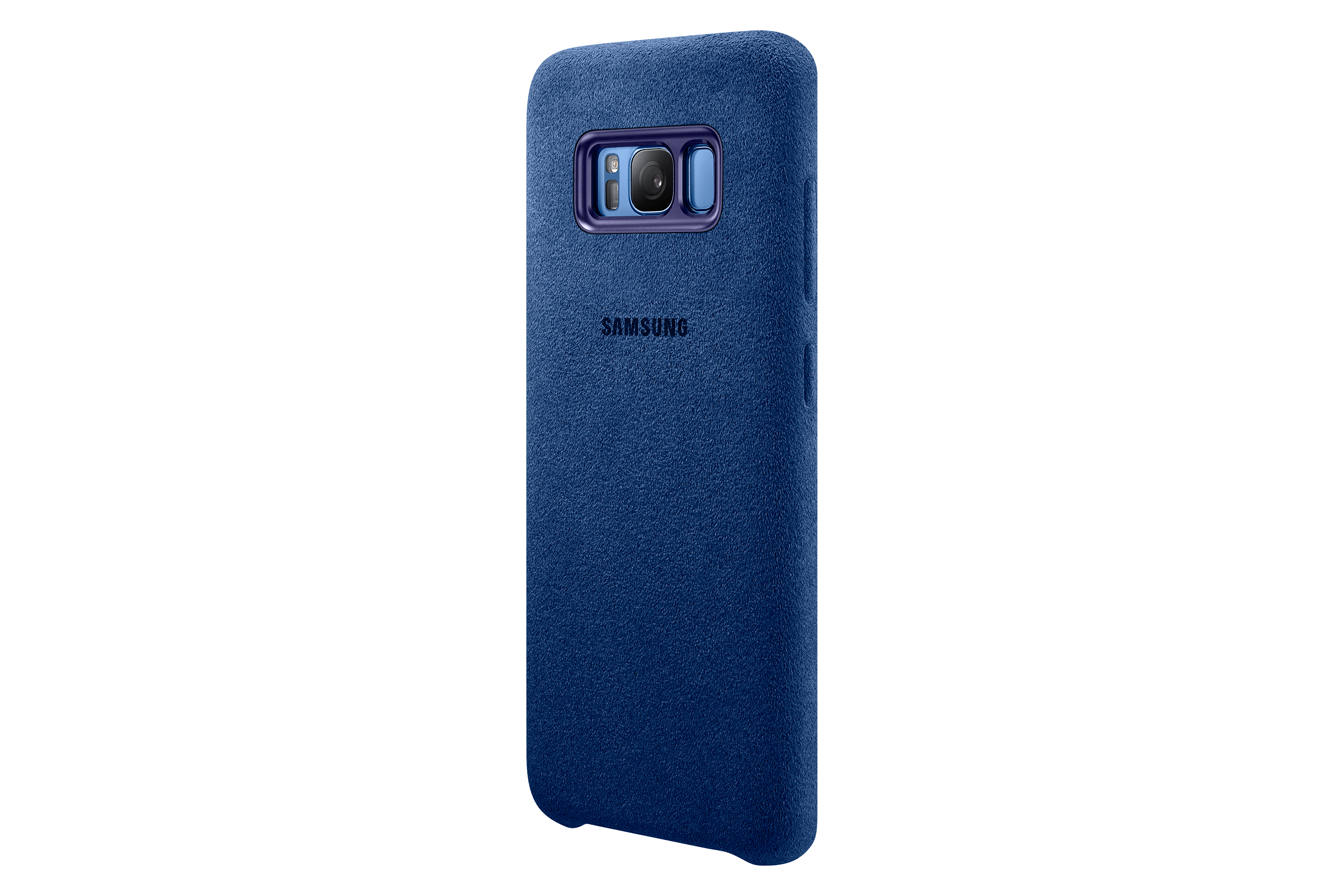 Una custodia blu per telefono con logo Samsung. La custodia copre il telefono, con ritagli per fotocamera e pulsanti. Isolato su bianco.
