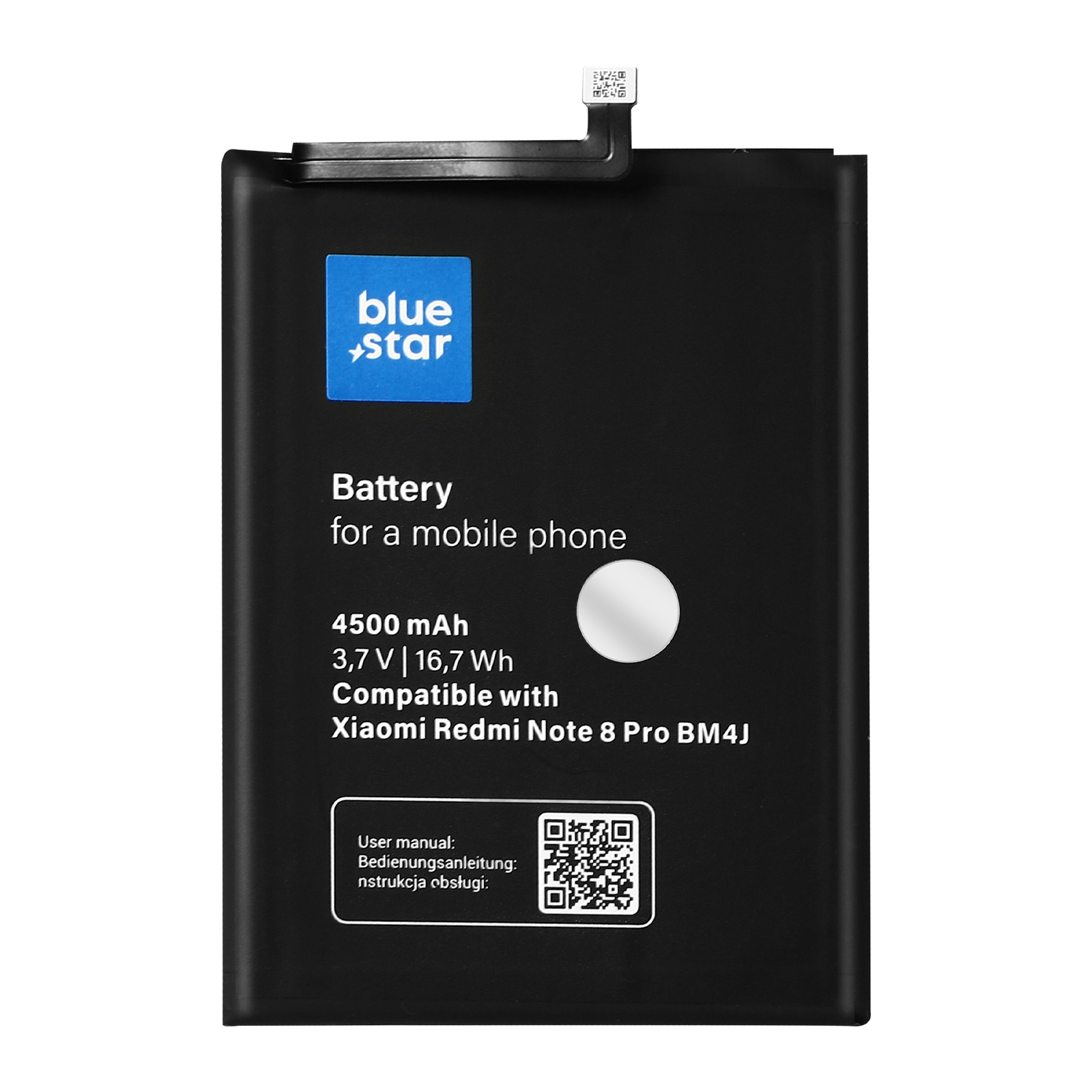 Batteria nera per telefono con logo stella blu, testo: Batteria per cellulare, 4500 mAh, Compatibile con Xiaomi Redmi Note 8 Pro.