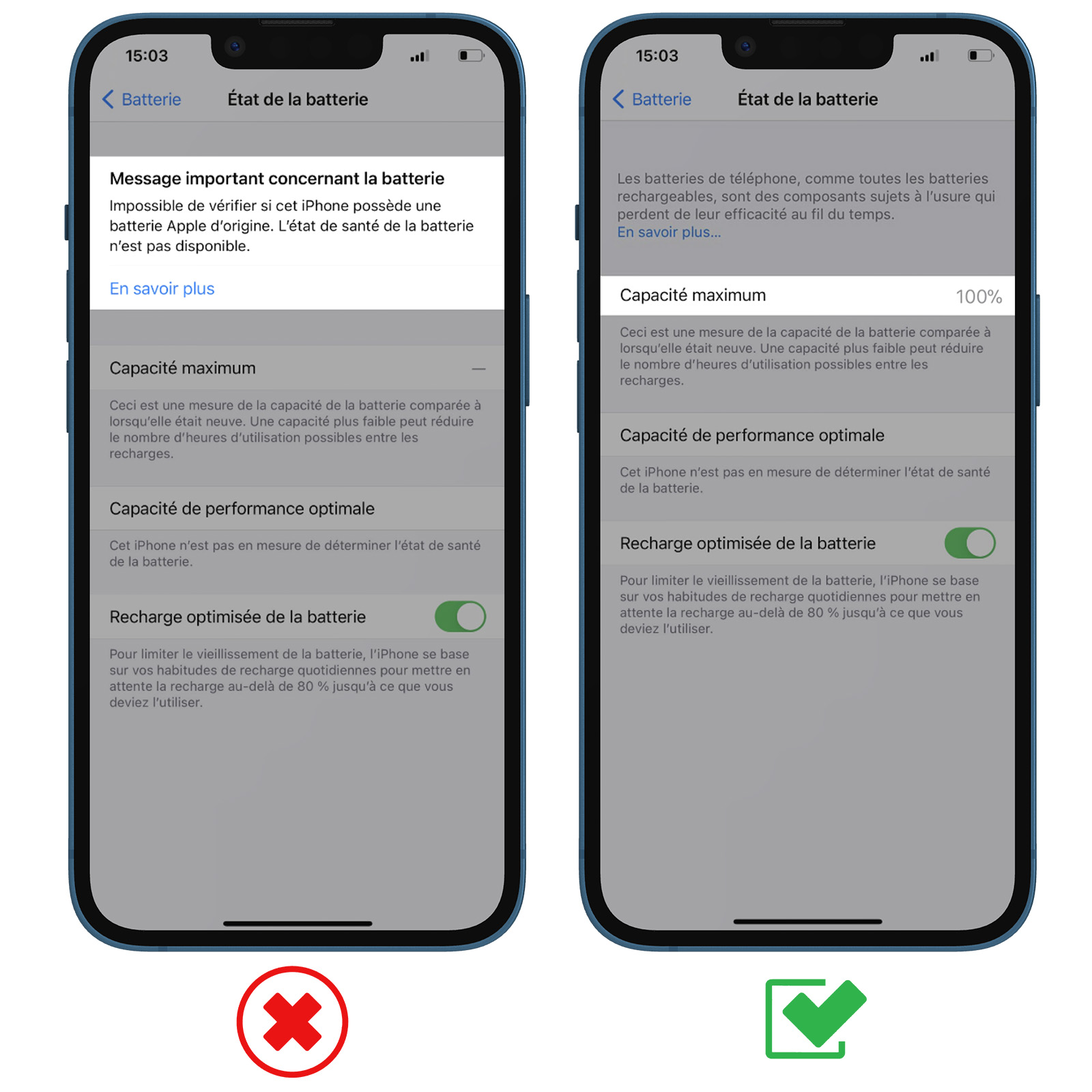 Zwei iPhone-Bildschirme. Links zeigt Batteriefehler. Rechts zeigt Batteriezustand 100% und optimiertes Laden.