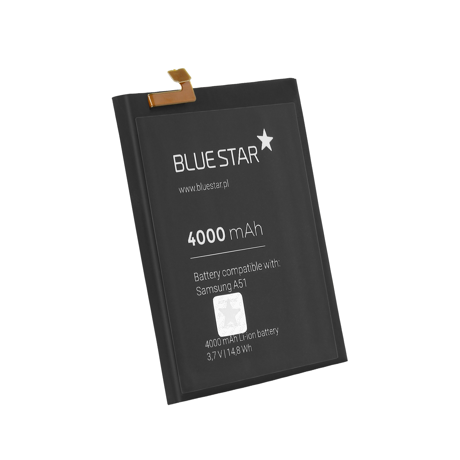 Batteria per telefono Blue Star nera. Contiene il marchio, le info mAh e i dettagli di compatibilità. Sfondo bianco.