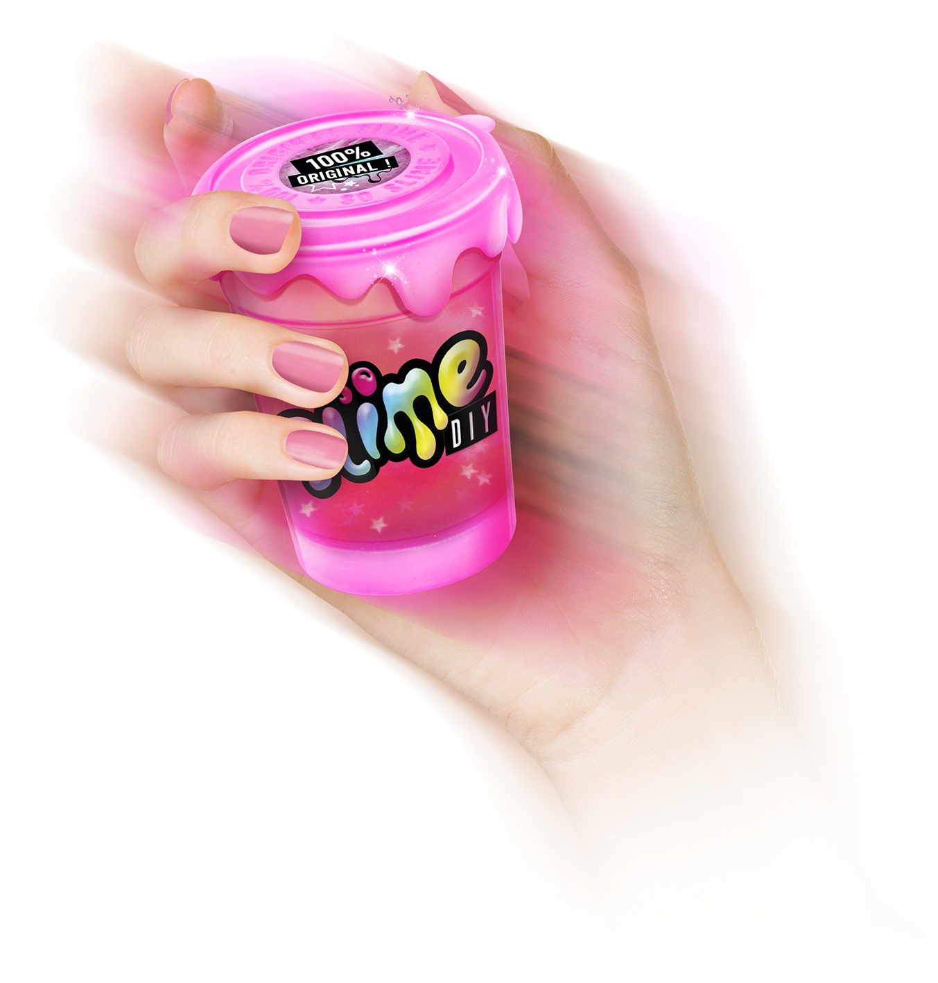 Dłoń trzyma różowy pojemnik ze slime. Pojemnik jest oznaczony jako 'Slime DIY' i '100% Original'. Tło jest białe.